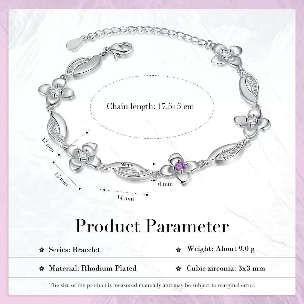 Customized Flower Bracelet With 3 Birthstones For Women