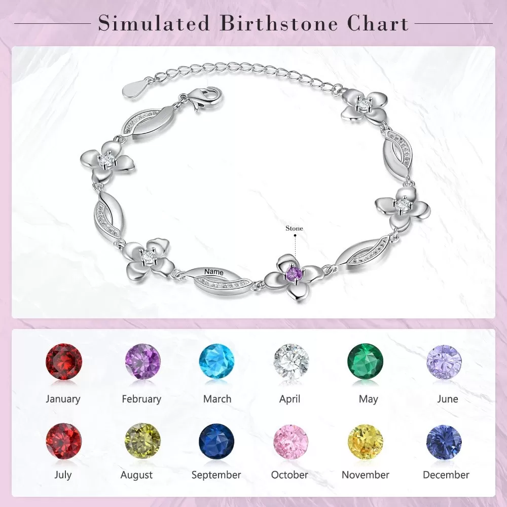 Customized Flower Bracelet With 3 Birthstones For Women