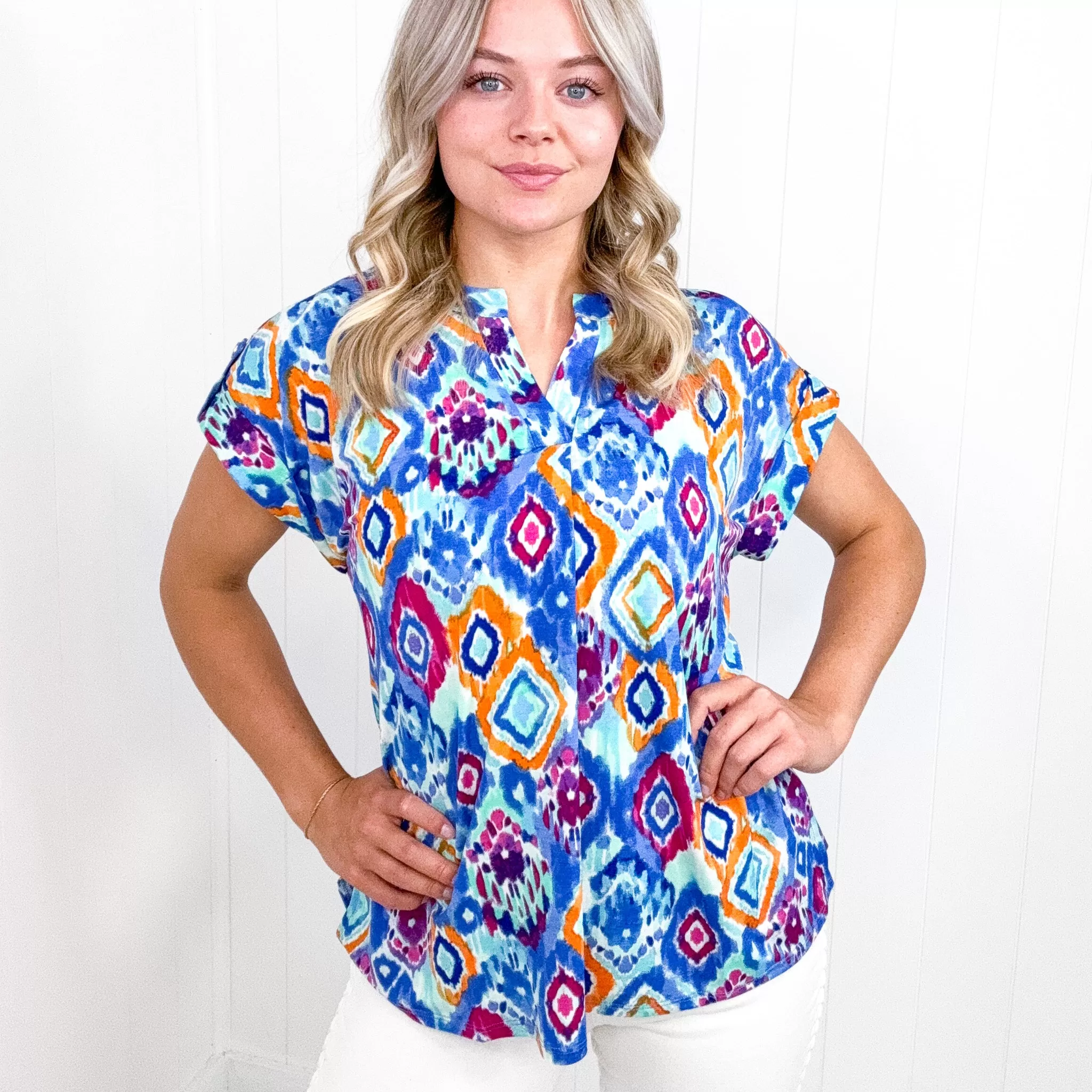 Dear Scarlett Lizzy Cap Sleeve Top in Blue and Magenta Ikat