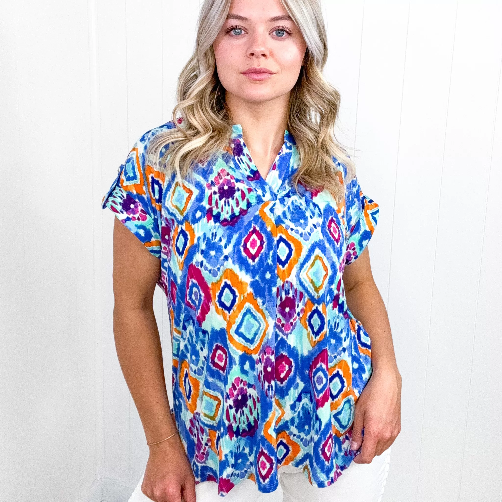 Dear Scarlett Lizzy Cap Sleeve Top in Blue and Magenta Ikat