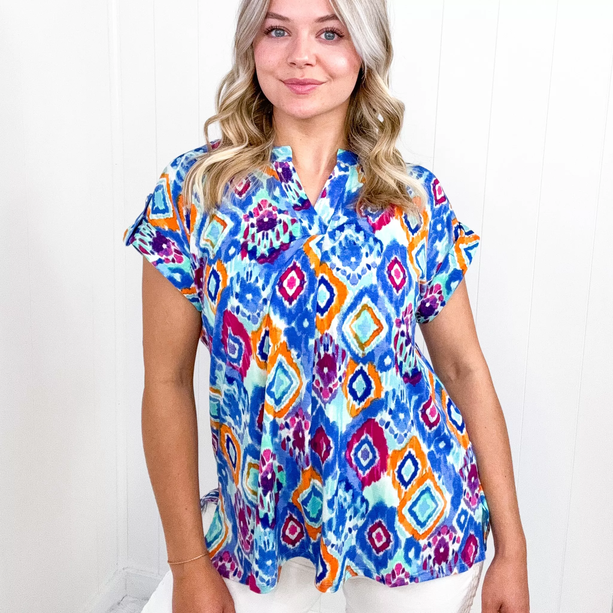 Dear Scarlett Lizzy Cap Sleeve Top in Blue and Magenta Ikat