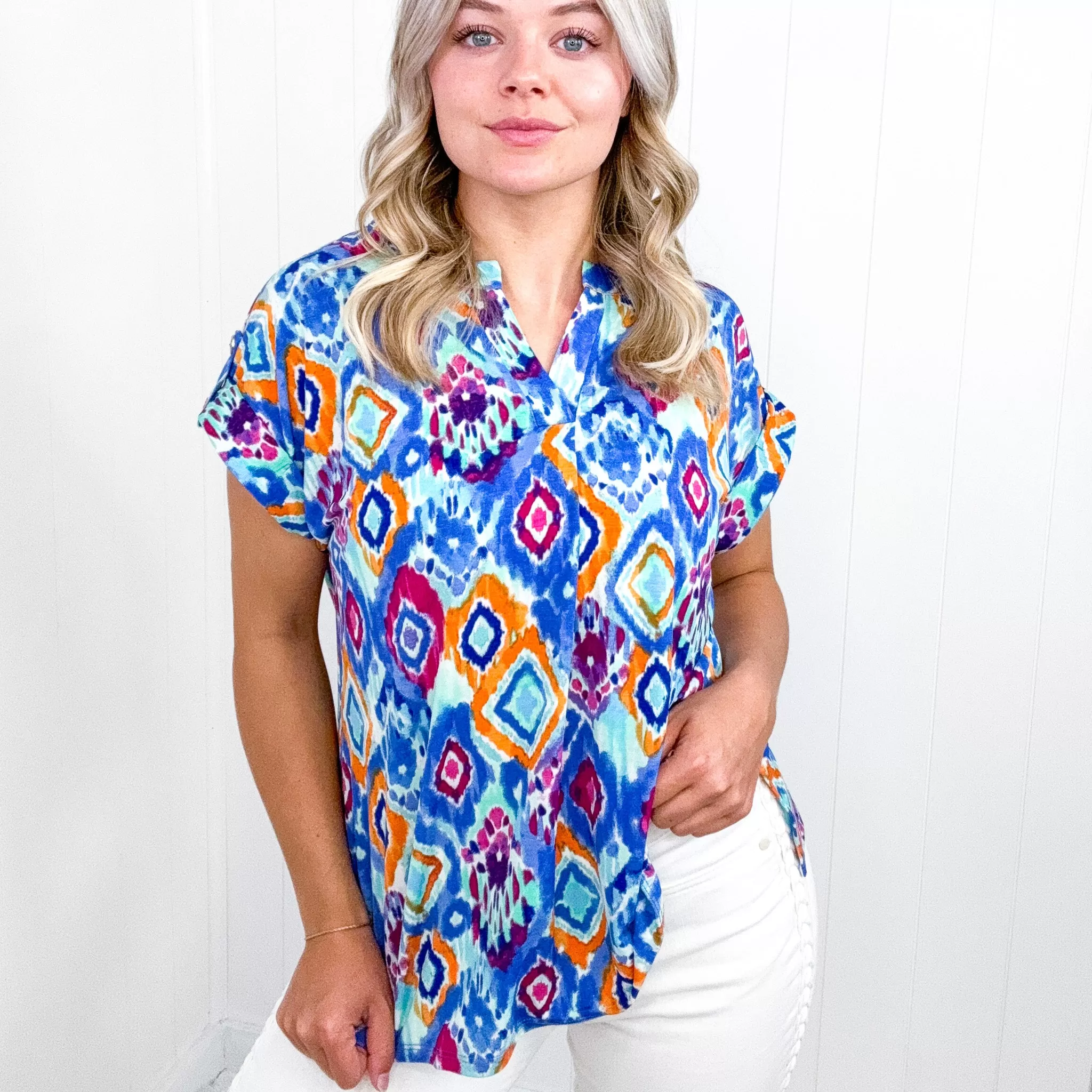 Dear Scarlett Lizzy Cap Sleeve Top in Blue and Magenta Ikat