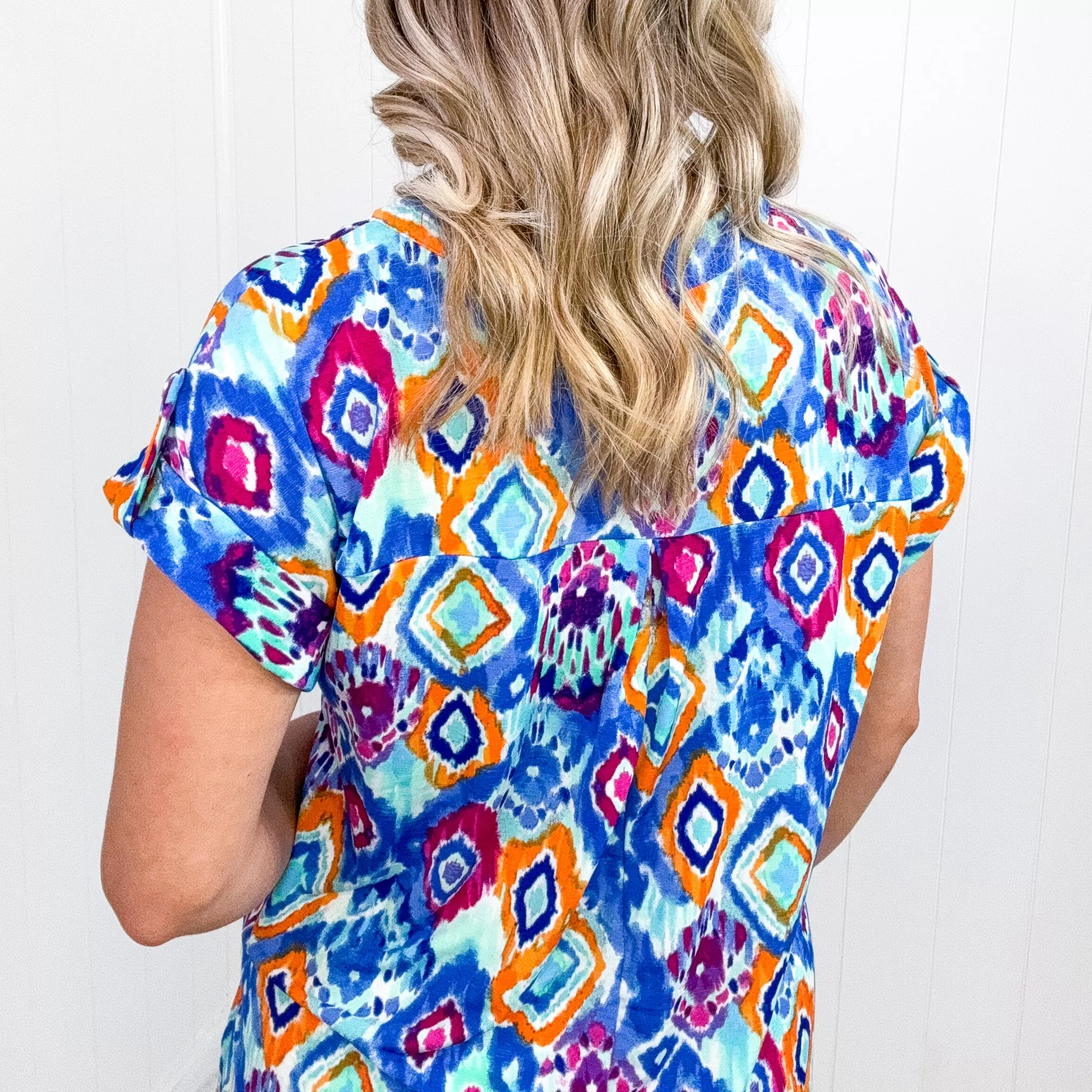 Dear Scarlett Lizzy Cap Sleeve Top in Blue and Magenta Ikat