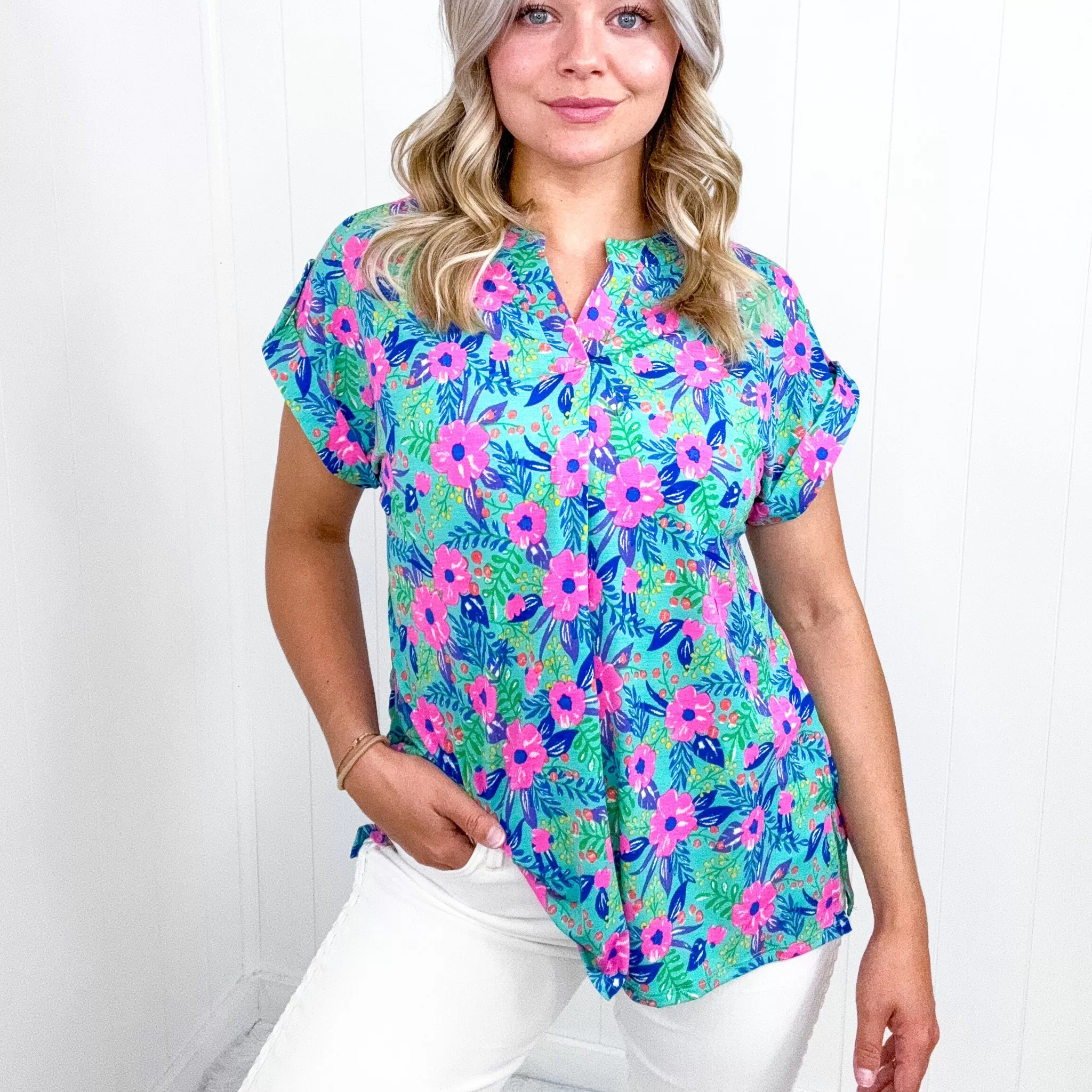 Dear Scarlett Lizzy Cap Sleeve Top in Mint and Lavender Floral