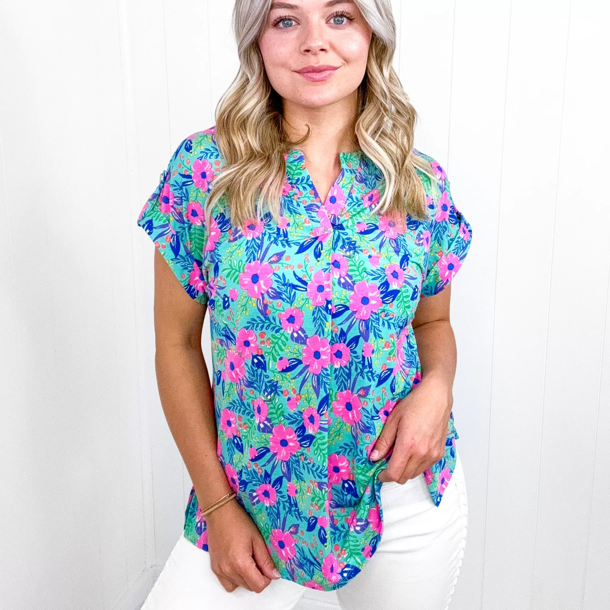 Dear Scarlett Lizzy Cap Sleeve Top in Mint and Lavender Floral