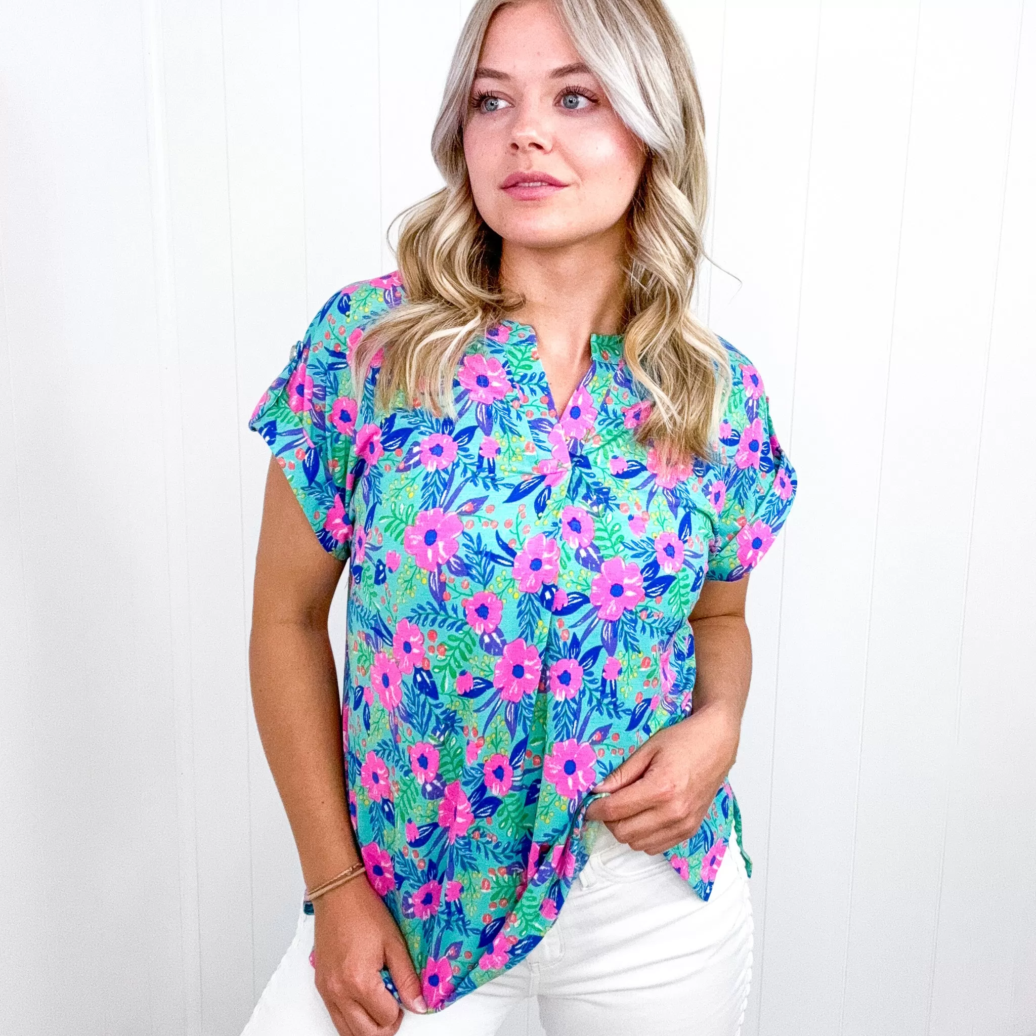 Dear Scarlett Lizzy Cap Sleeve Top in Mint and Lavender Floral