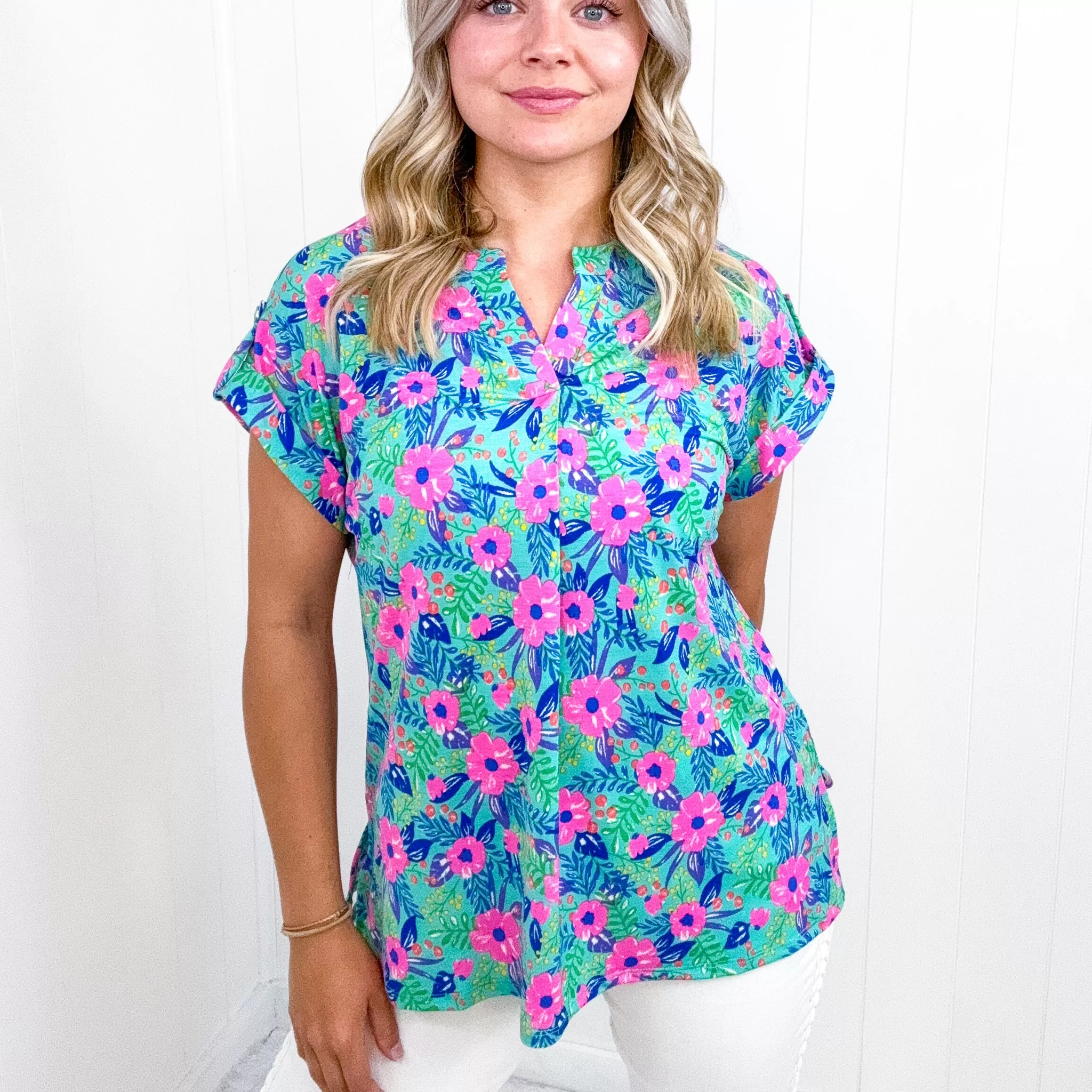 Dear Scarlett Lizzy Cap Sleeve Top in Mint and Lavender Floral