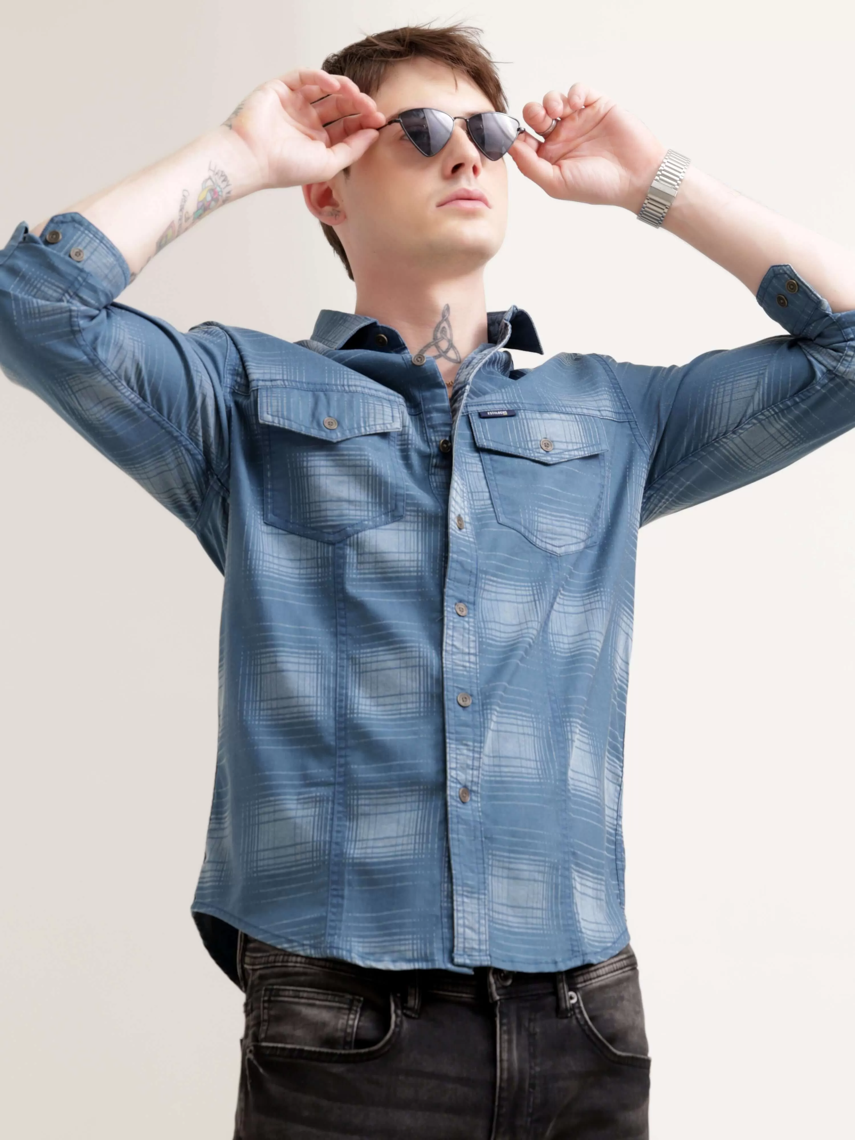 Dusky blue over dyed check shirt