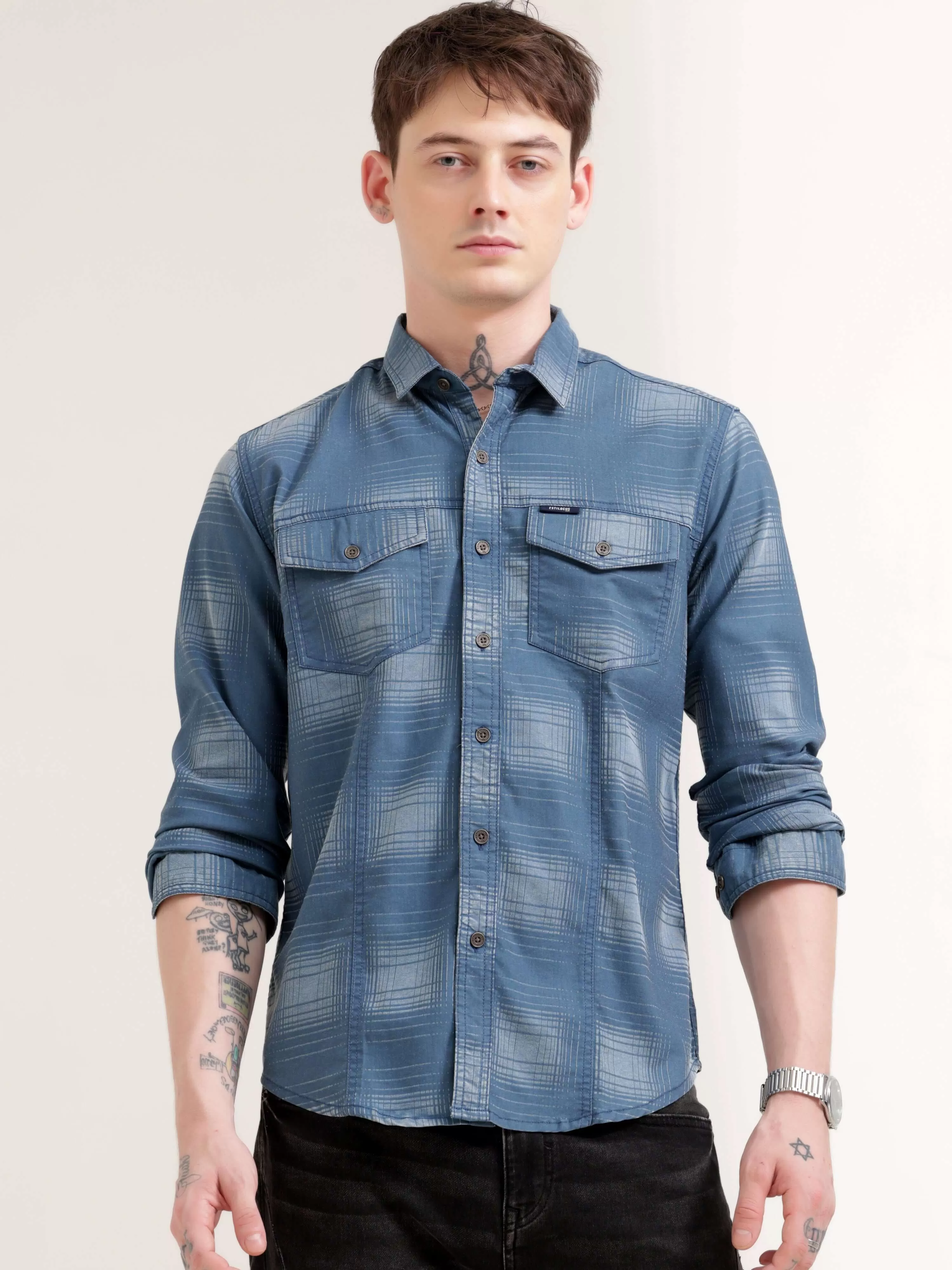 Dusky blue over dyed check shirt