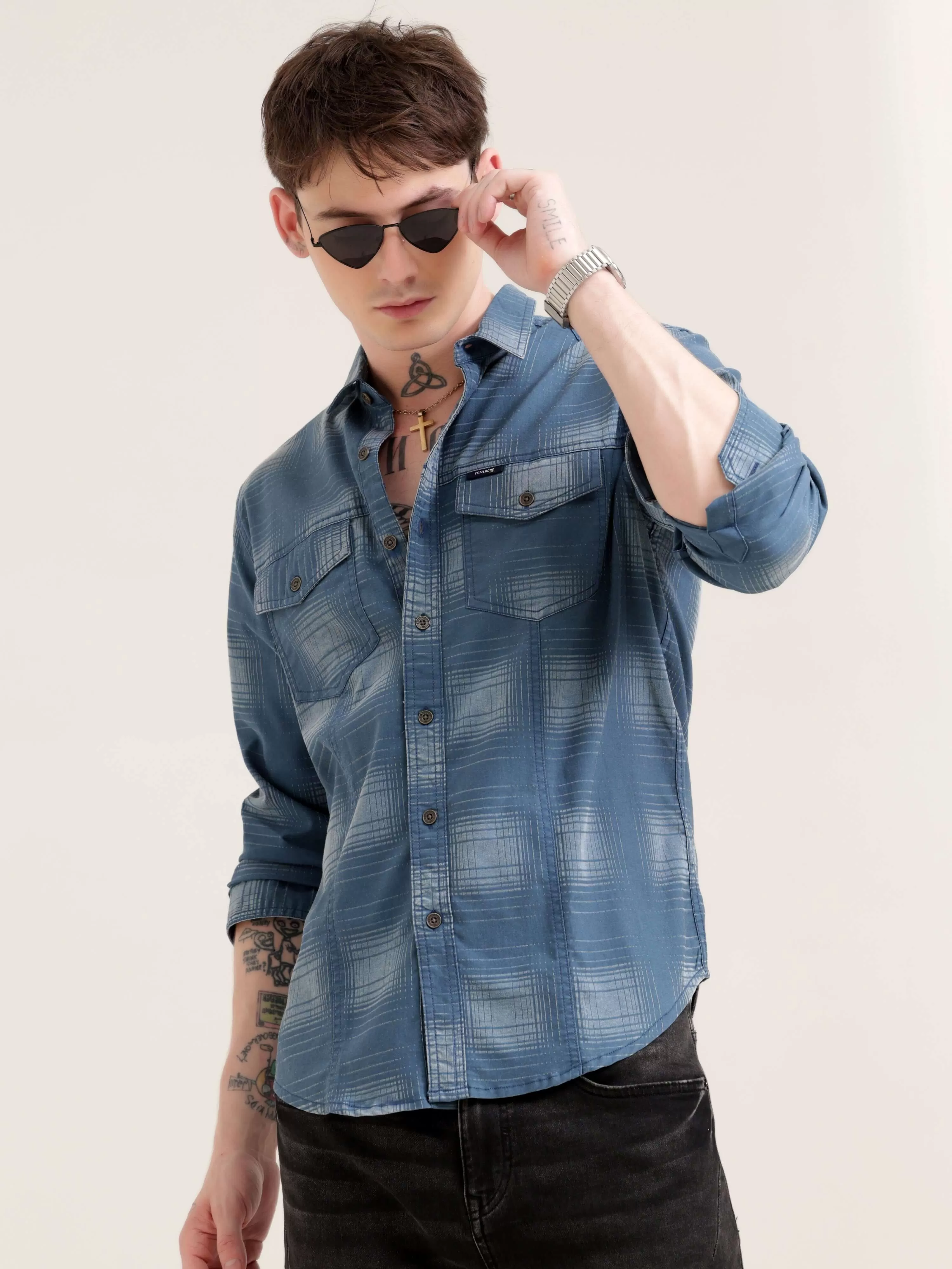 Dusky blue over dyed check shirt