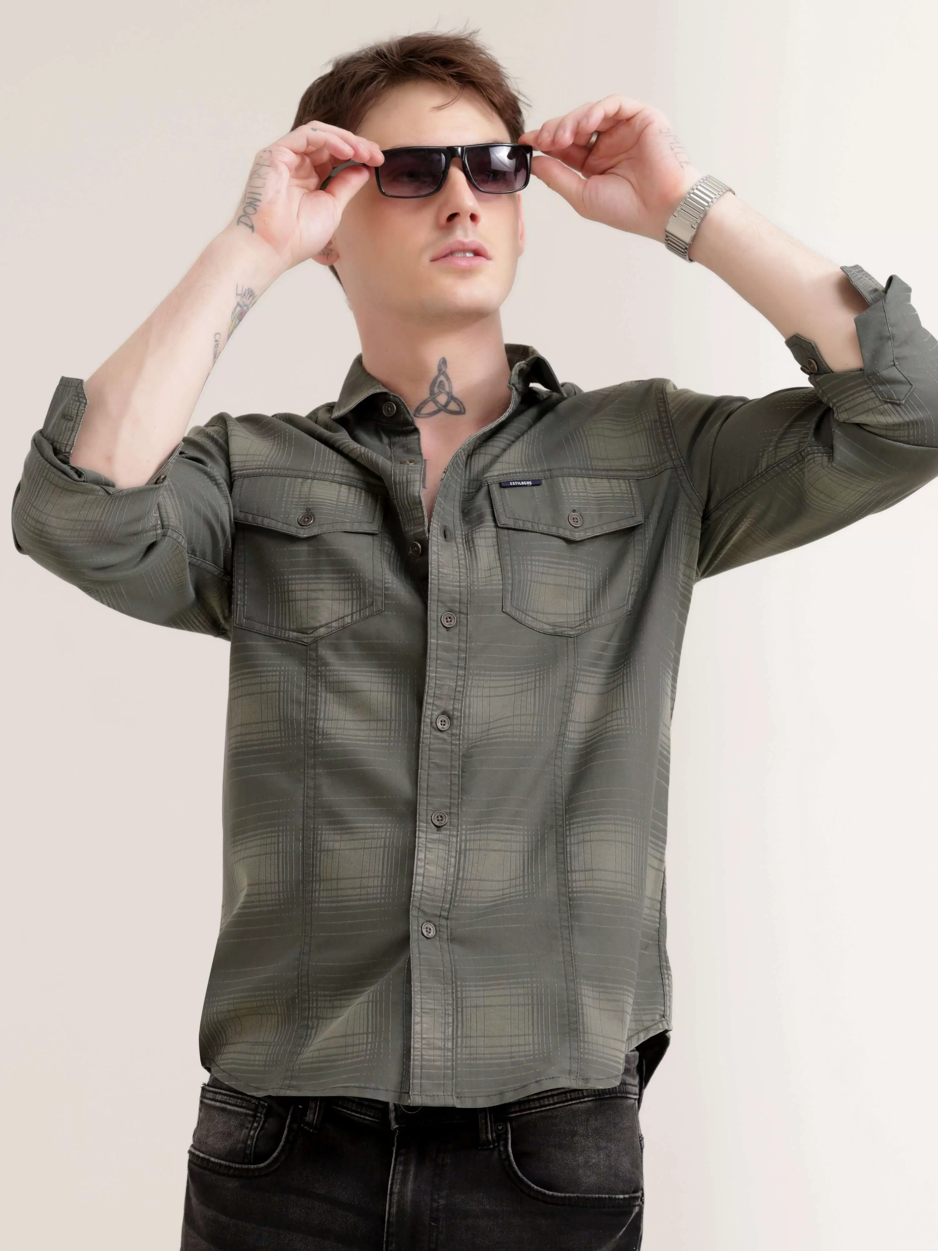 Dusky green over dyed check shirt