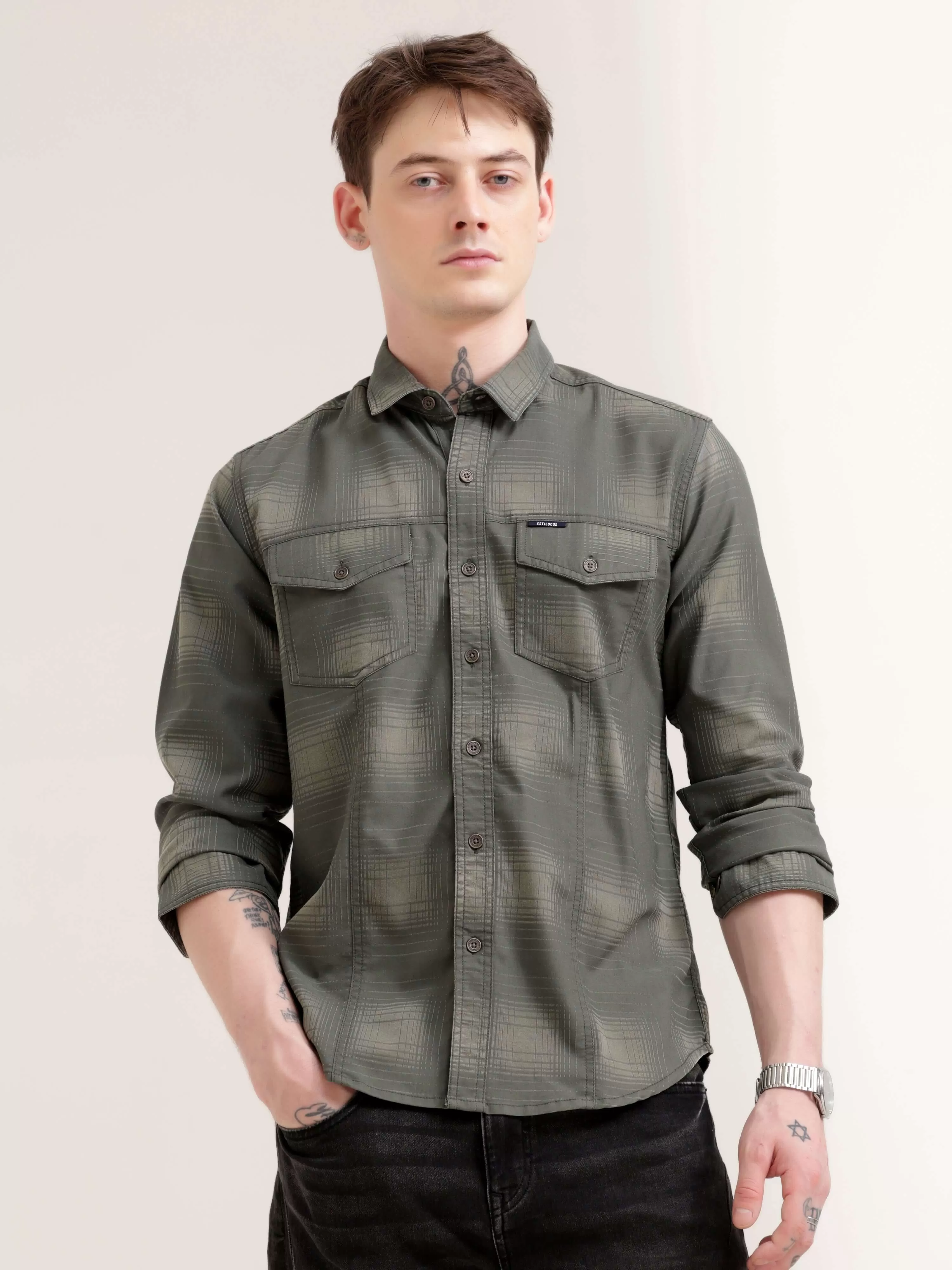 Dusky green over dyed check shirt