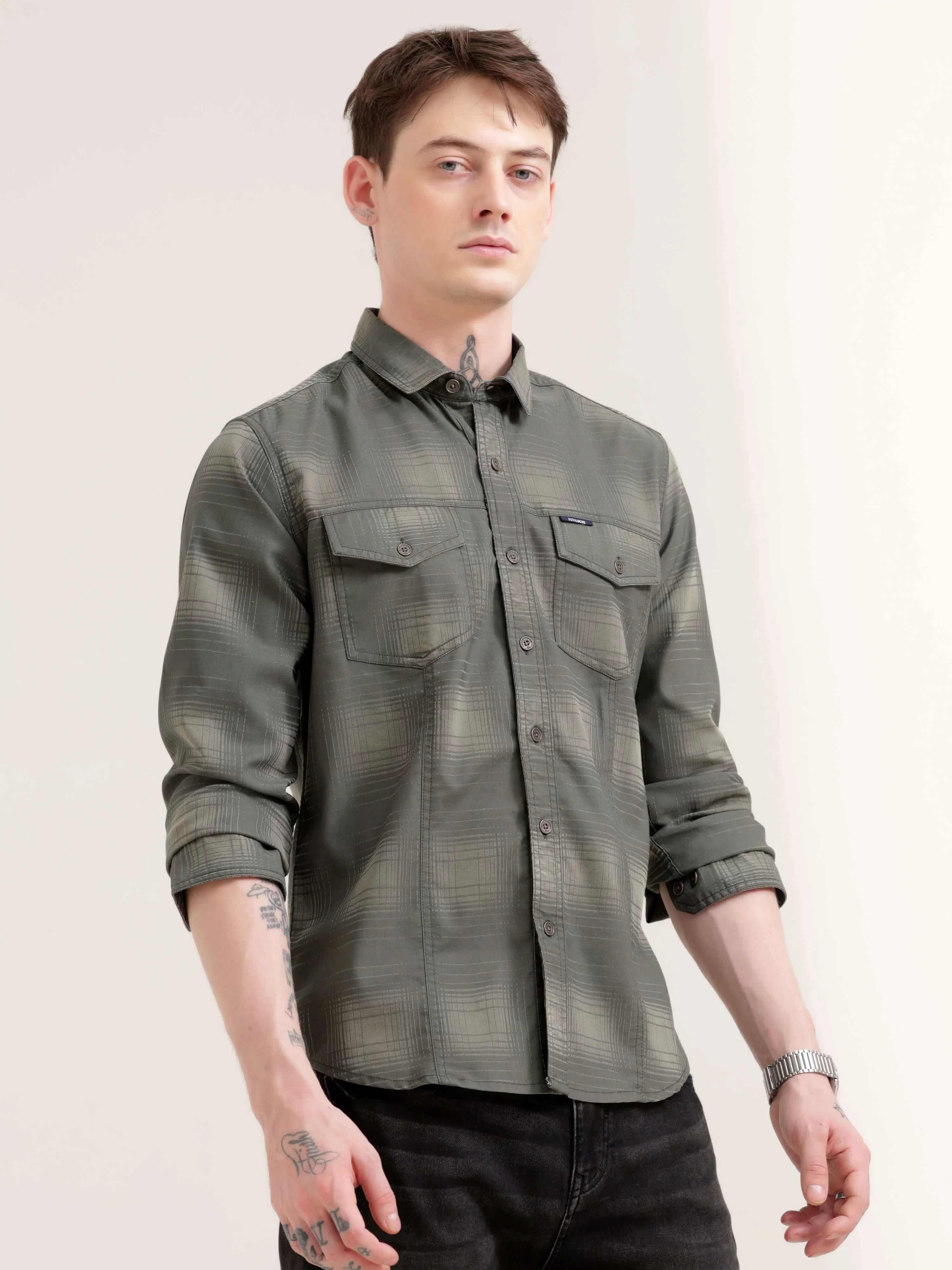 Dusky green over dyed check shirt