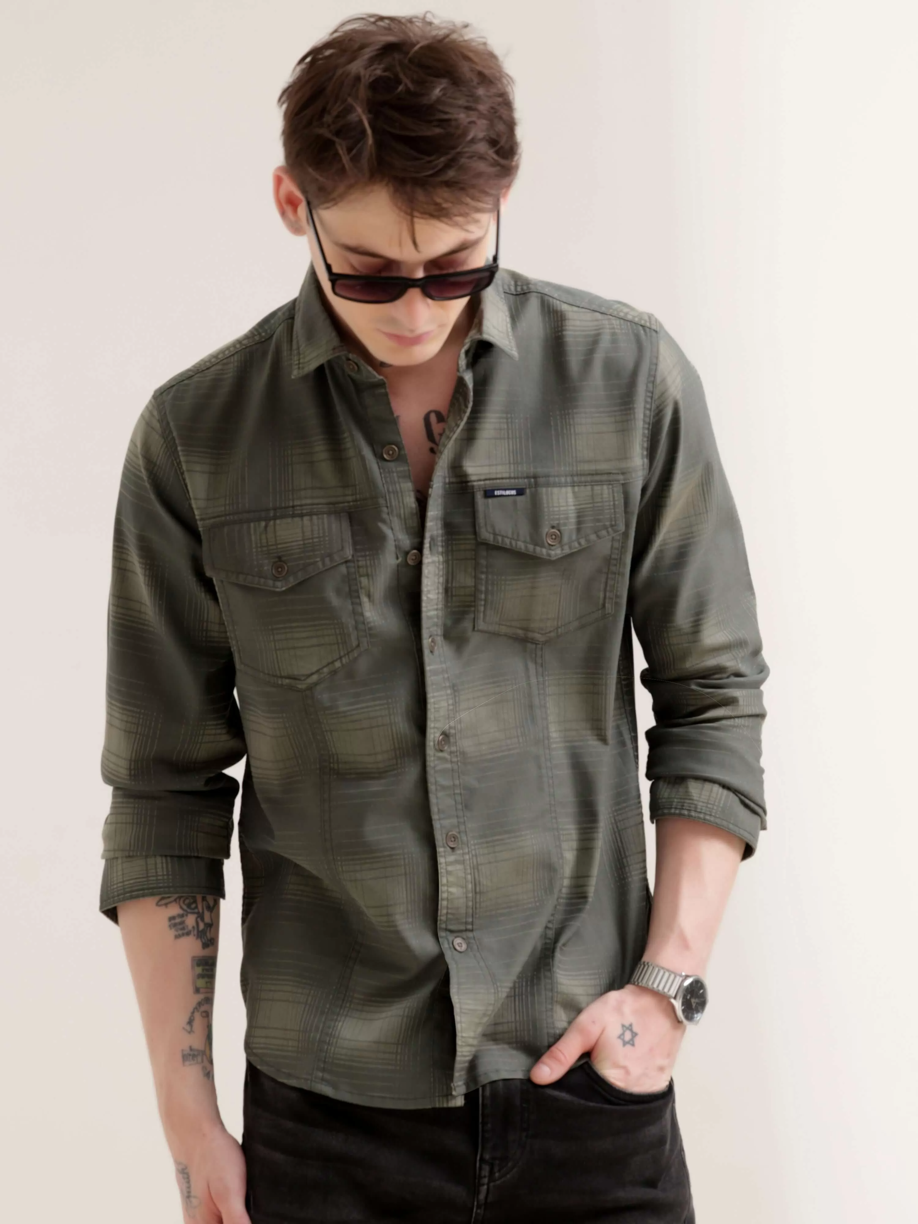 Dusky green over dyed check shirt