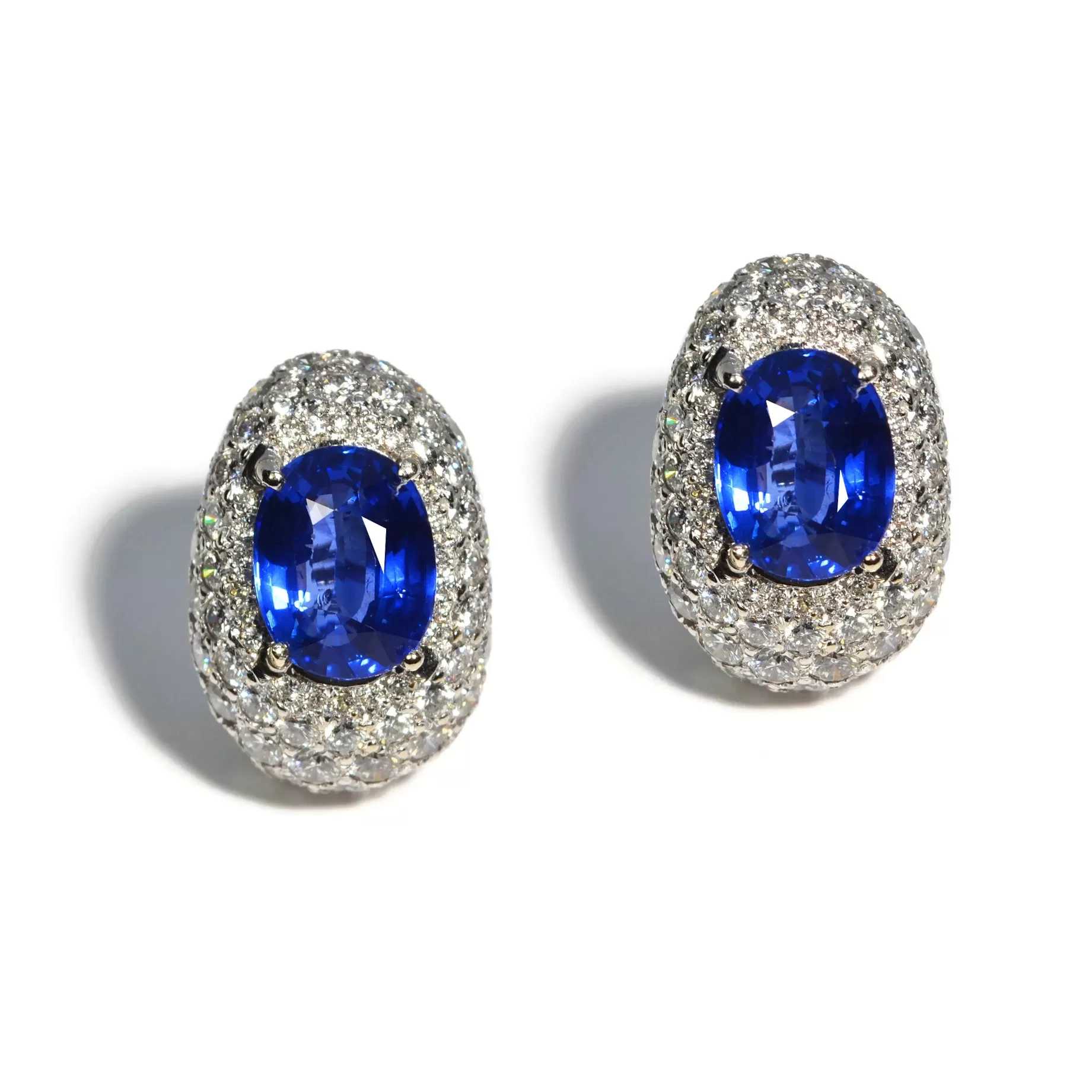 Eclat Jewels - One of Kind Button Earrings with Oval Blue Sapphires and Diamonds, 18k White Gold