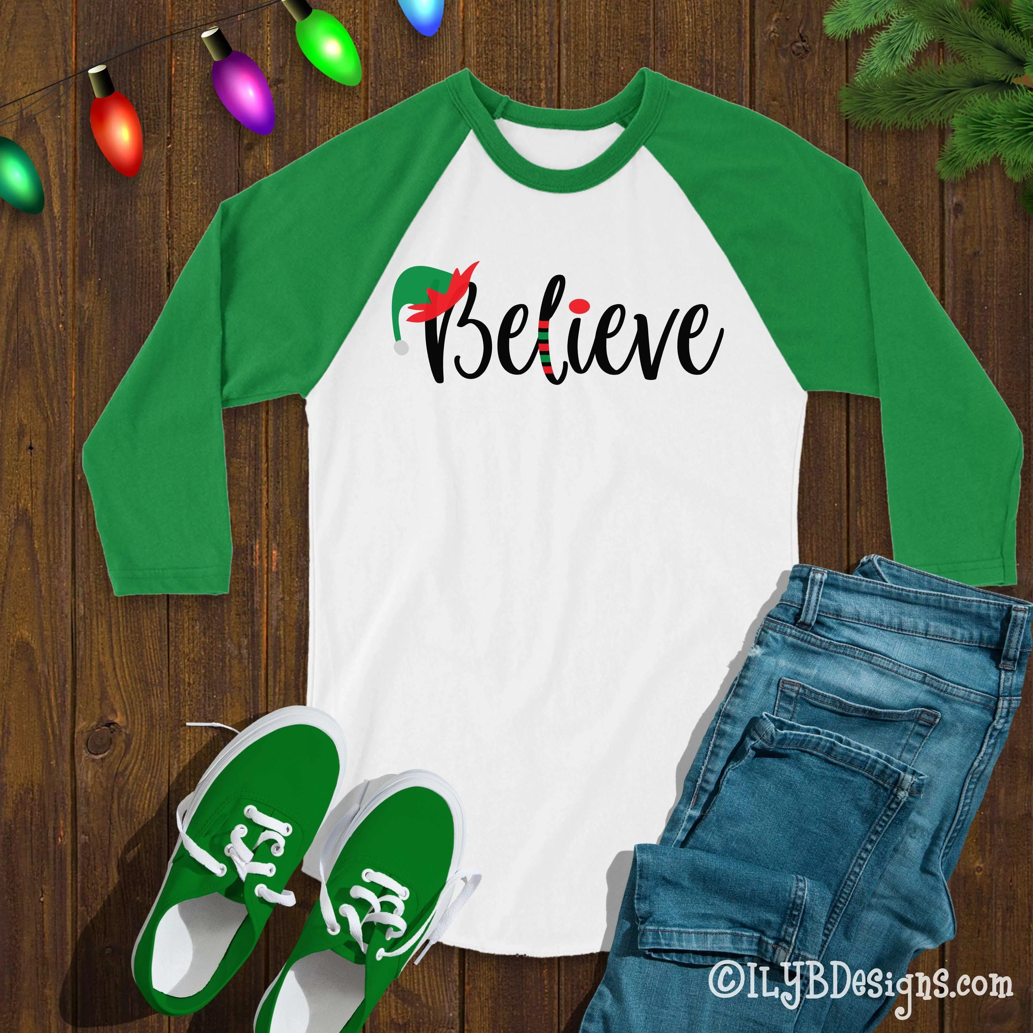 Elf Believe Christmas Shirt - Christmas Elf Believe T-shirt - Christmas Baseball Raglan Shirt - Christmas Believe Shirt