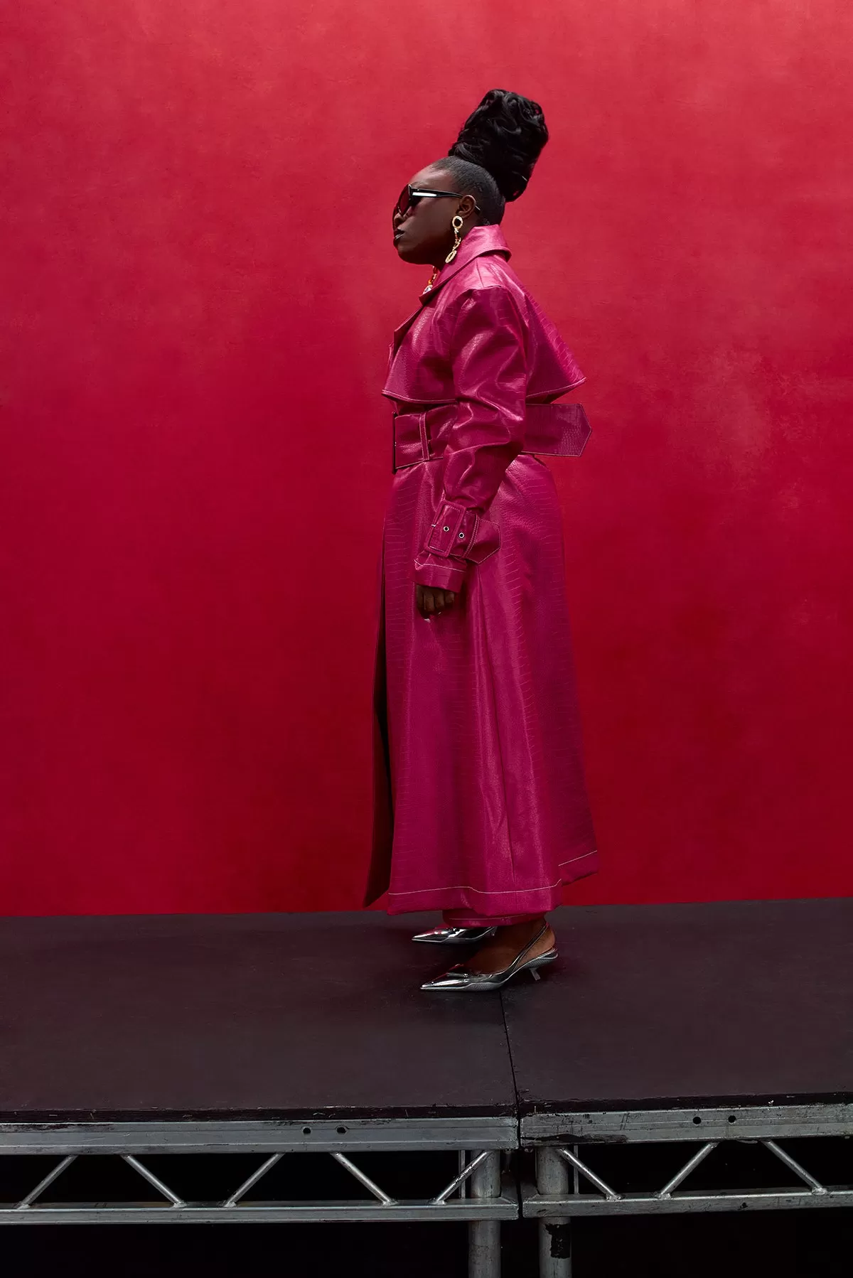 Emani Faux Croc Leather Exaggerated Coat - Hot Pink