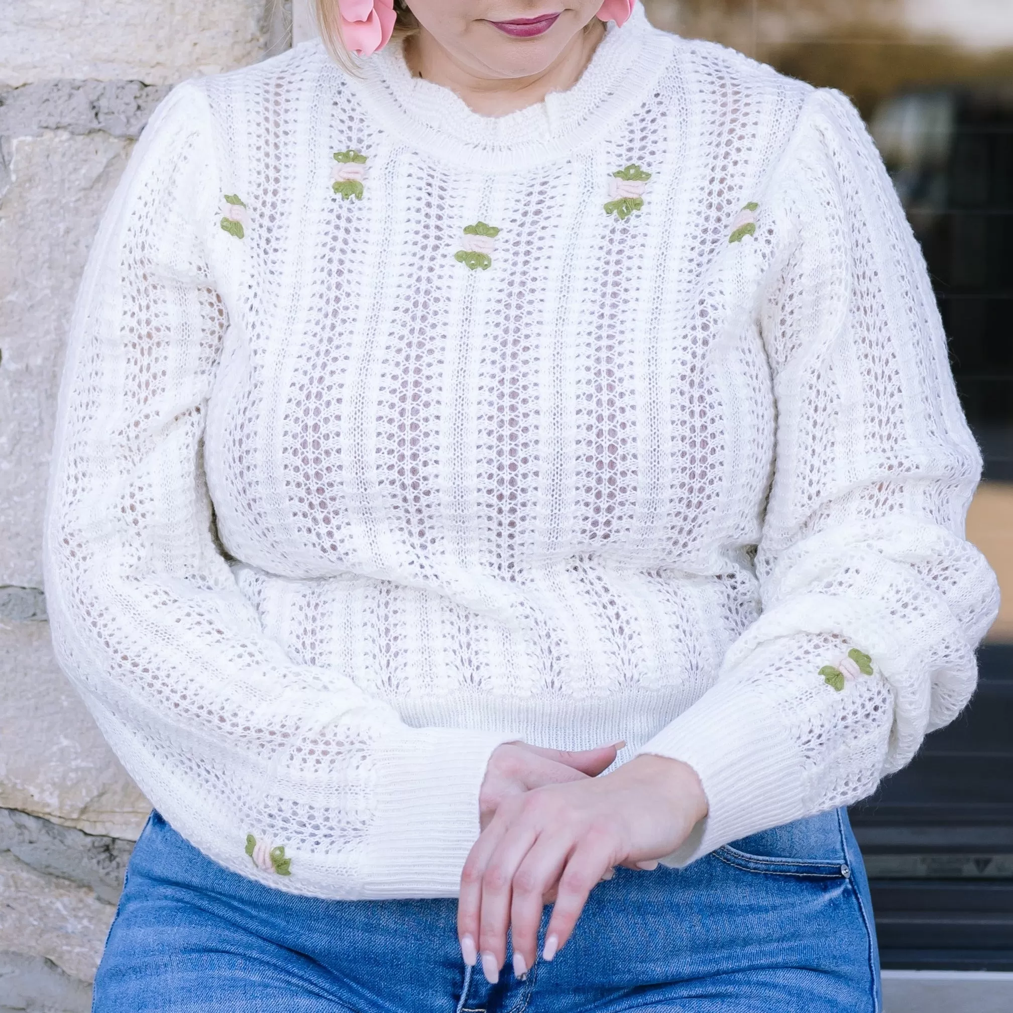 Emiliana Floral Embroidered Pointelle Sweater