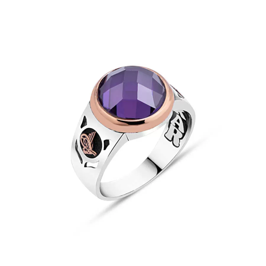 Facet Cut Small Circle Amethyst Stone Silver Men's Ring Siding Ottoman Tughra