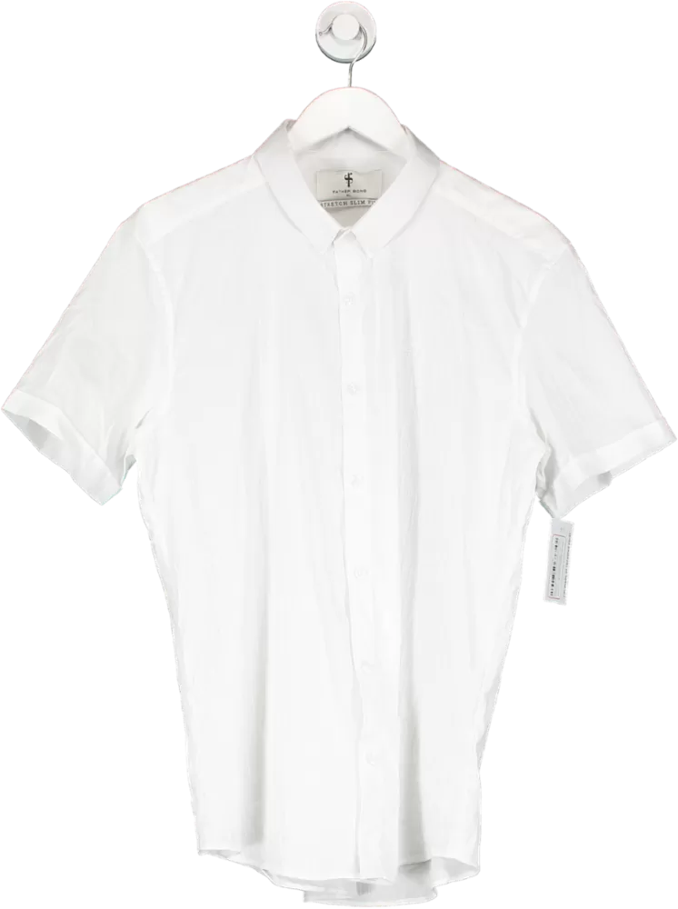 Father Sons White Super Slim Stretch Self Woven Stripe Short Sleeve With Button Down Collar UK XL