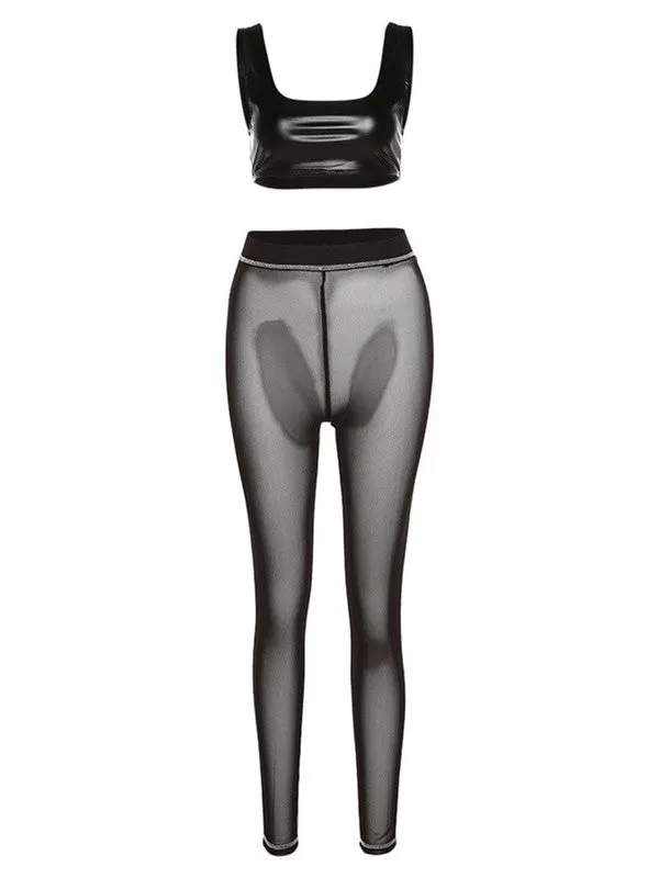 Faux Leather Crop Top Sheer Mesh Legging Pants