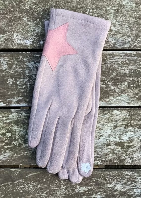 Faux Suede Gloves With Applique Star - Mink