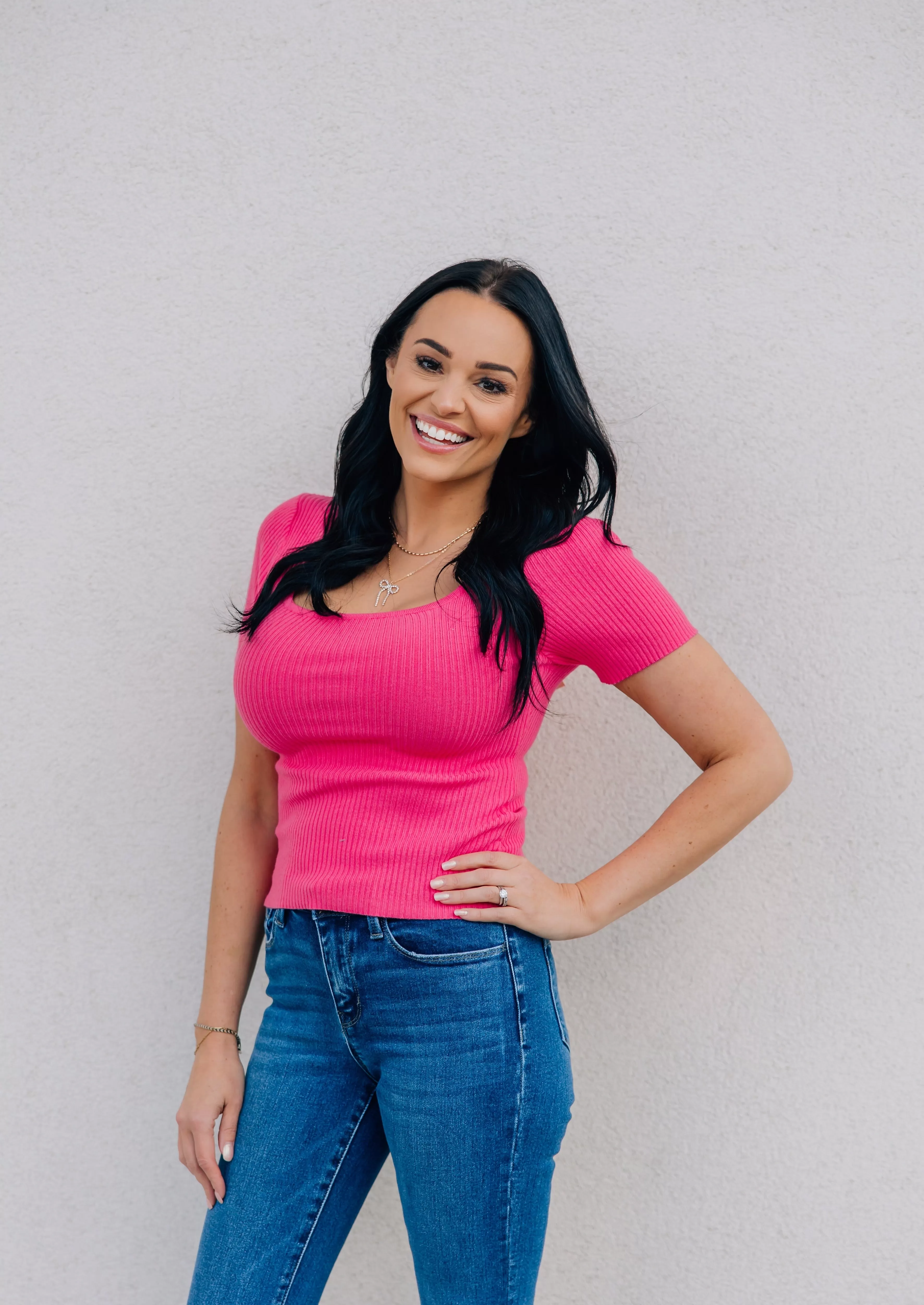 FINAL SALE - Hot Pink Square Neck Ribbed Top