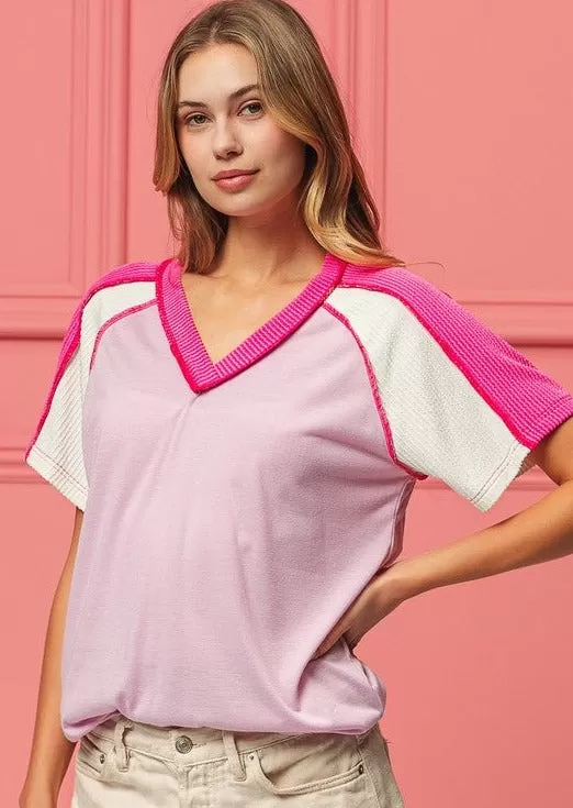 FINAL SALE - Pink & Fuchsia Ribbed Detail Tee