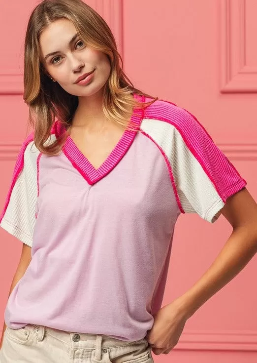 FINAL SALE - Pink & Fuchsia Ribbed Detail Tee