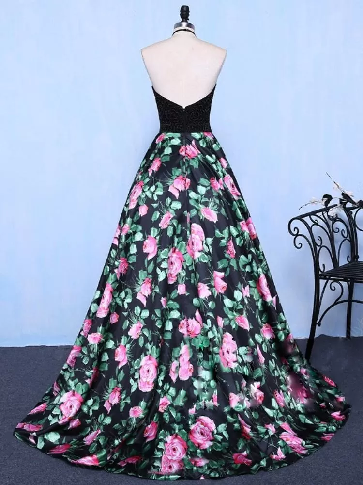 Floral Black Prom Dress Modest Beautiful  Cheap Long Prom Dress #ER170