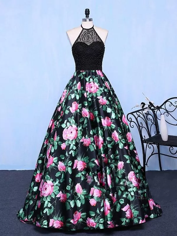 Floral Black Prom Dress Modest Beautiful  Cheap Long Prom Dress #ER170