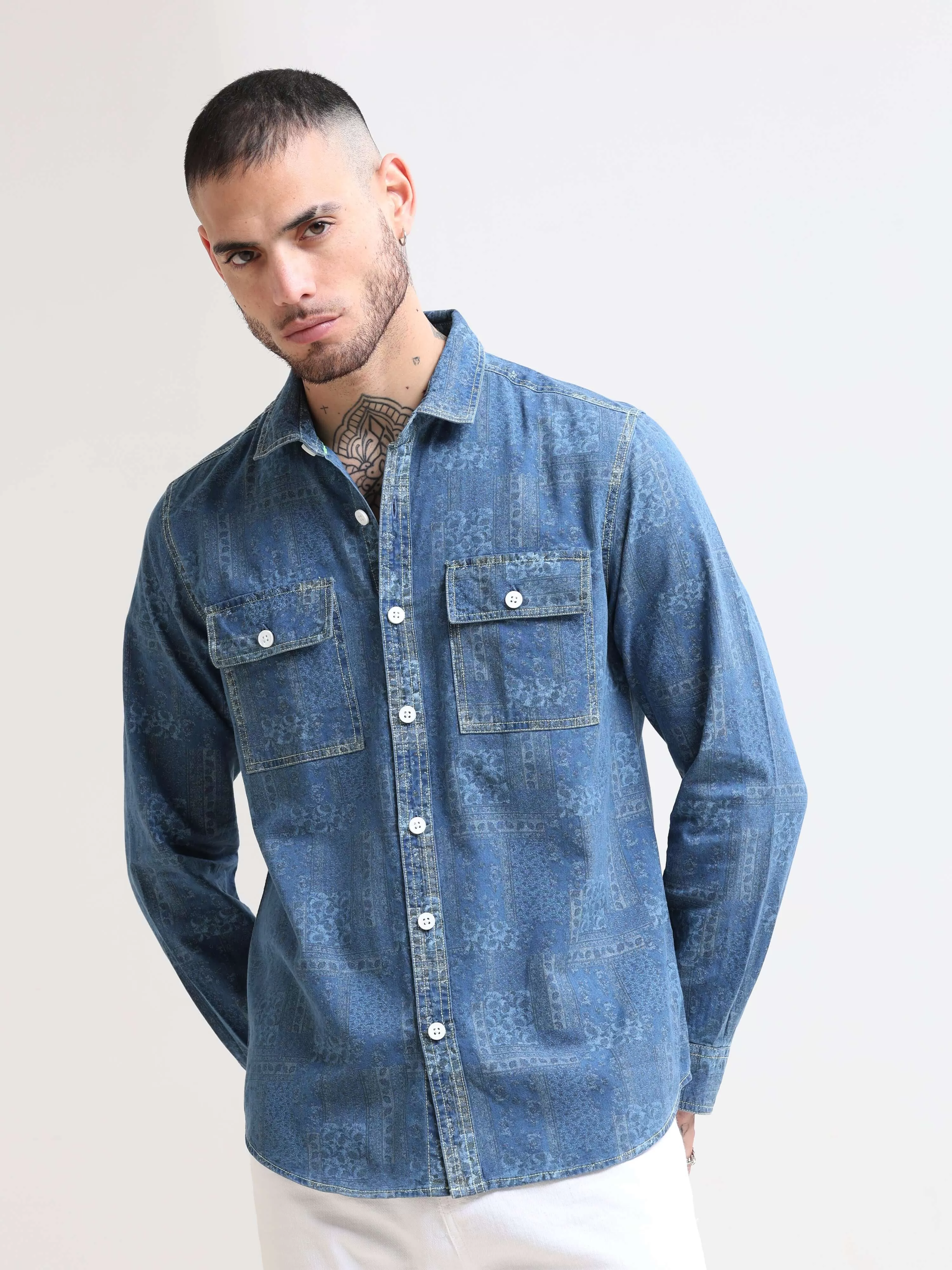 Floral Denim Double Pocket Shirt