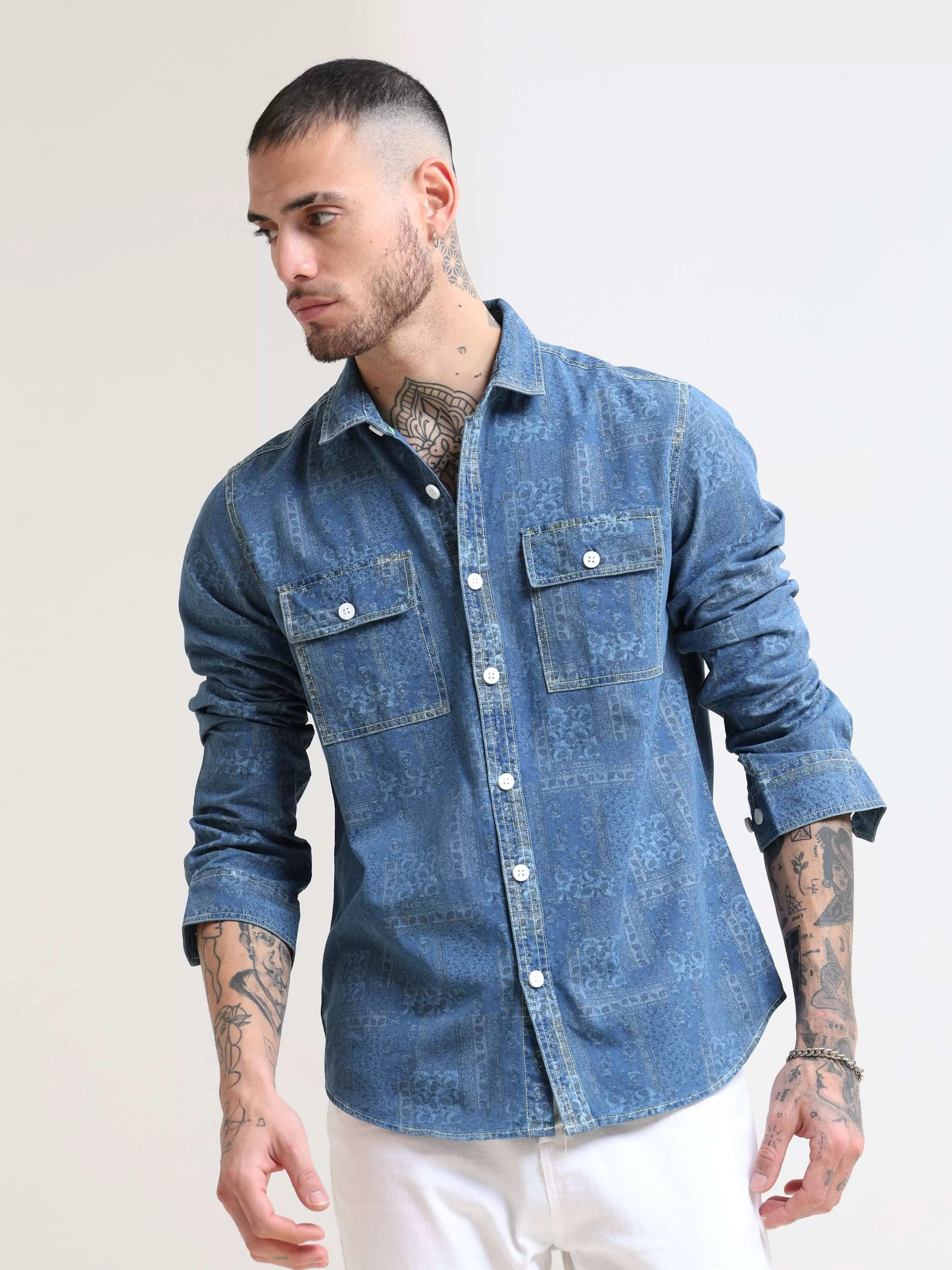 Floral Denim Double Pocket Shirt