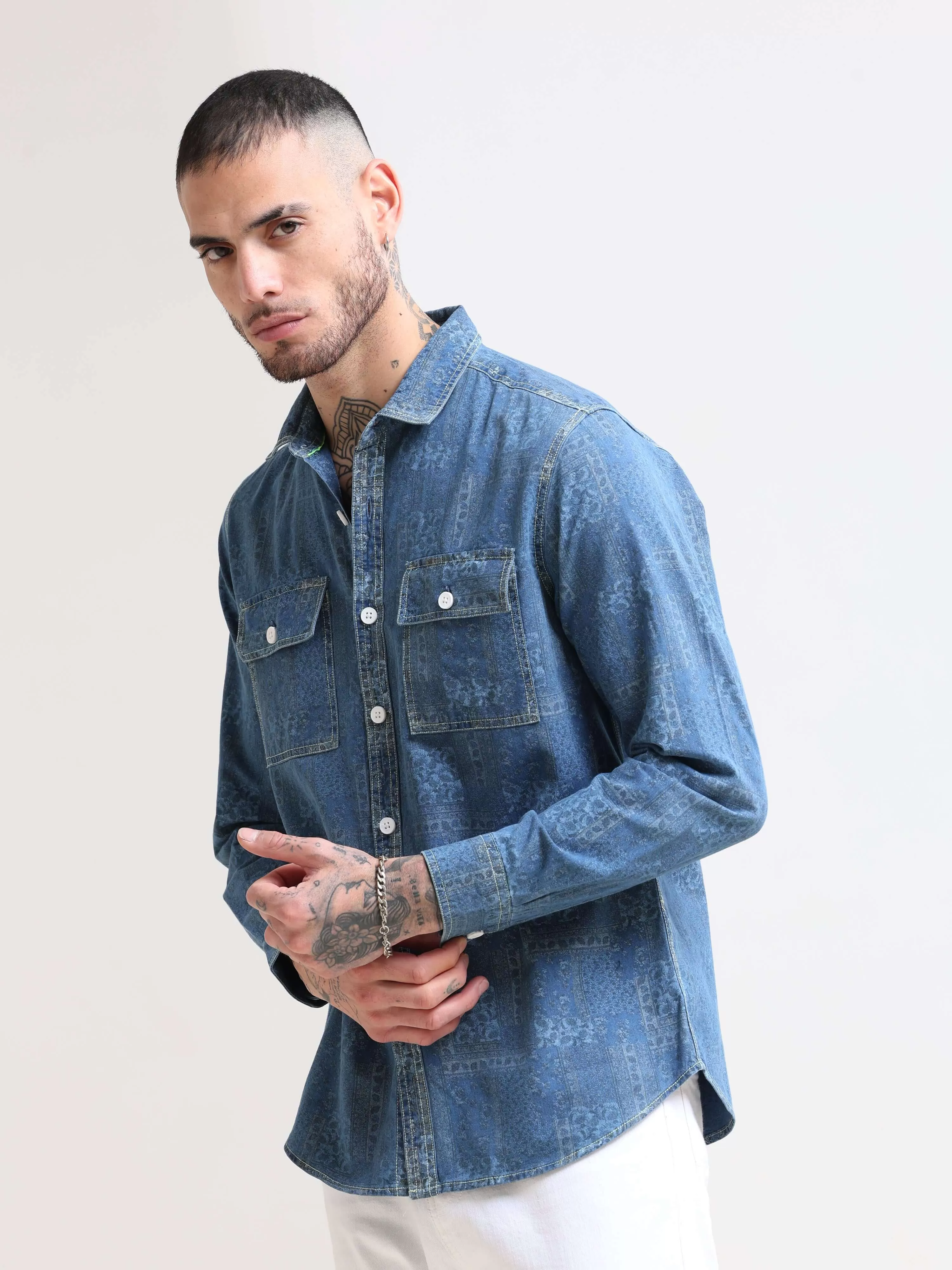 Floral Denim Double Pocket Shirt