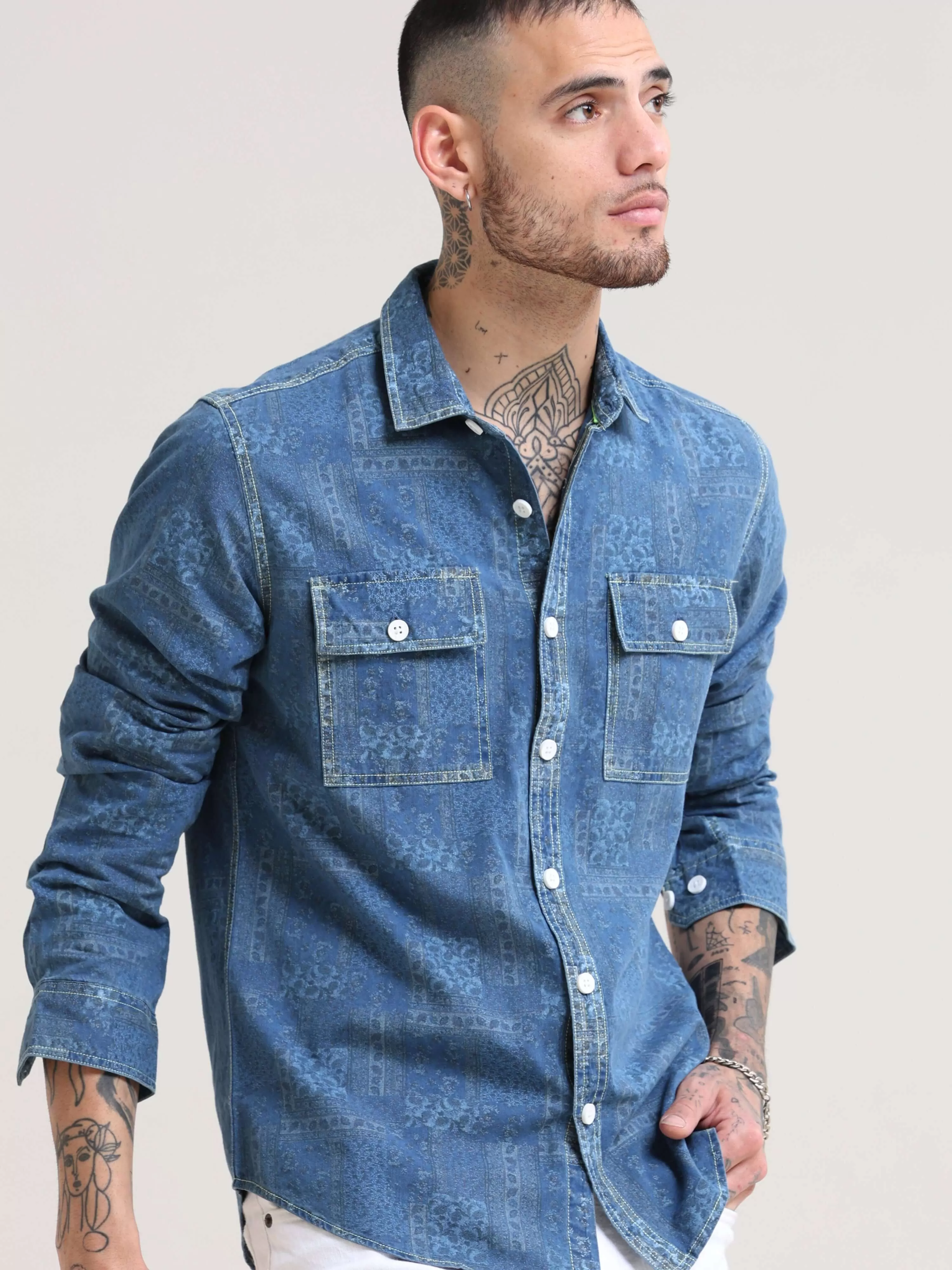 Floral Denim Double Pocket Shirt