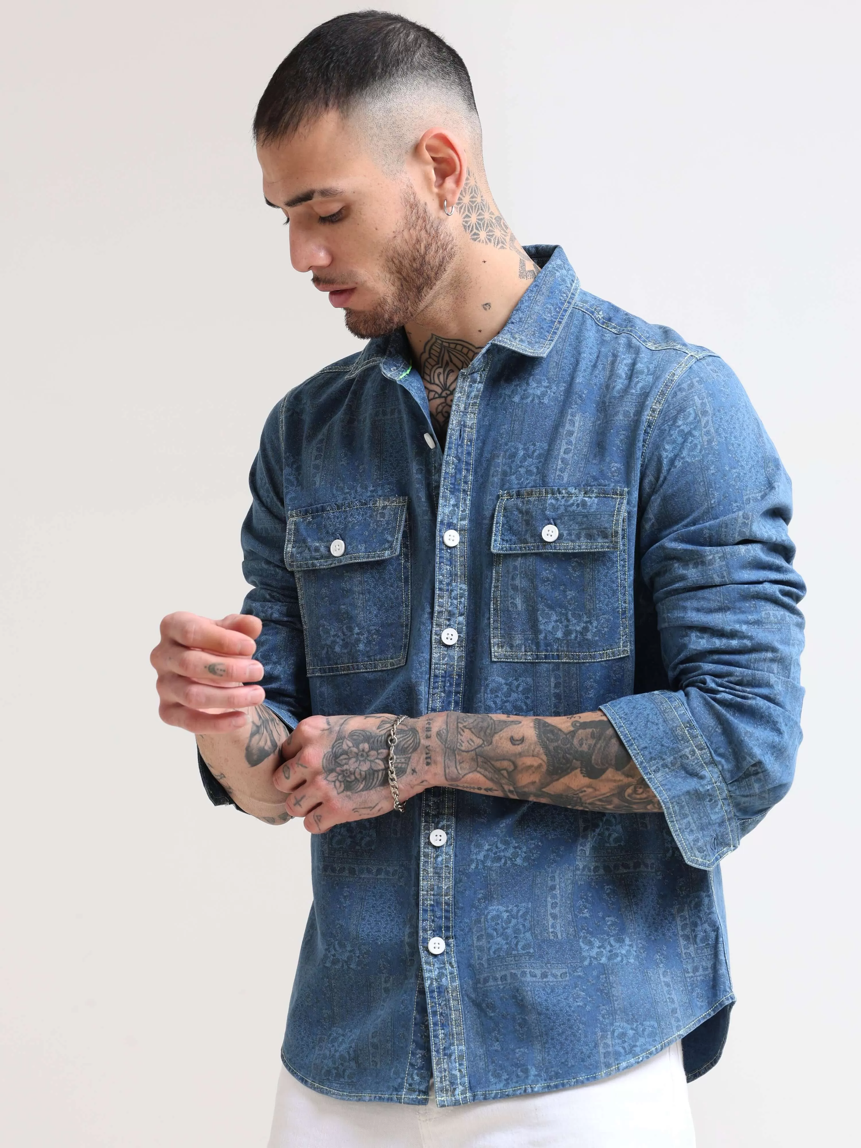 Floral Denim Double Pocket Shirt