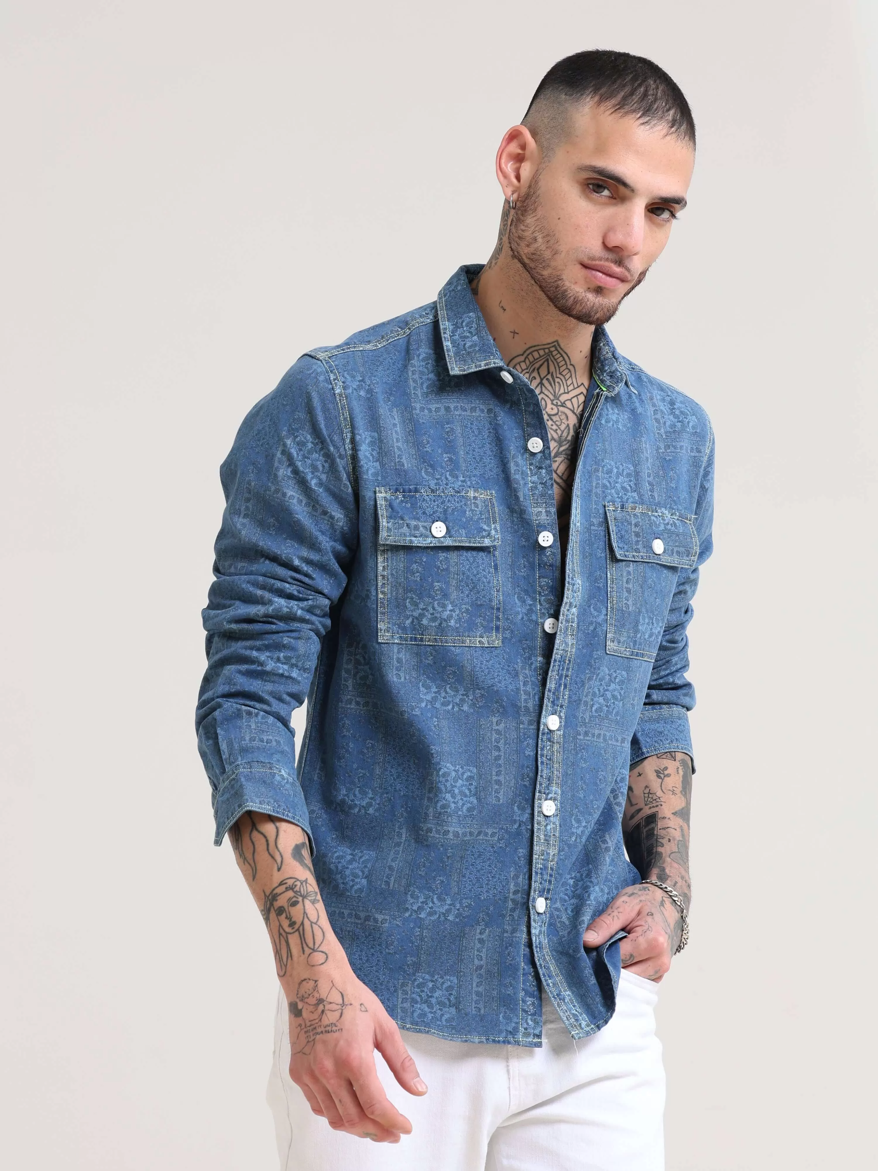 Floral Denim Double Pocket Shirt