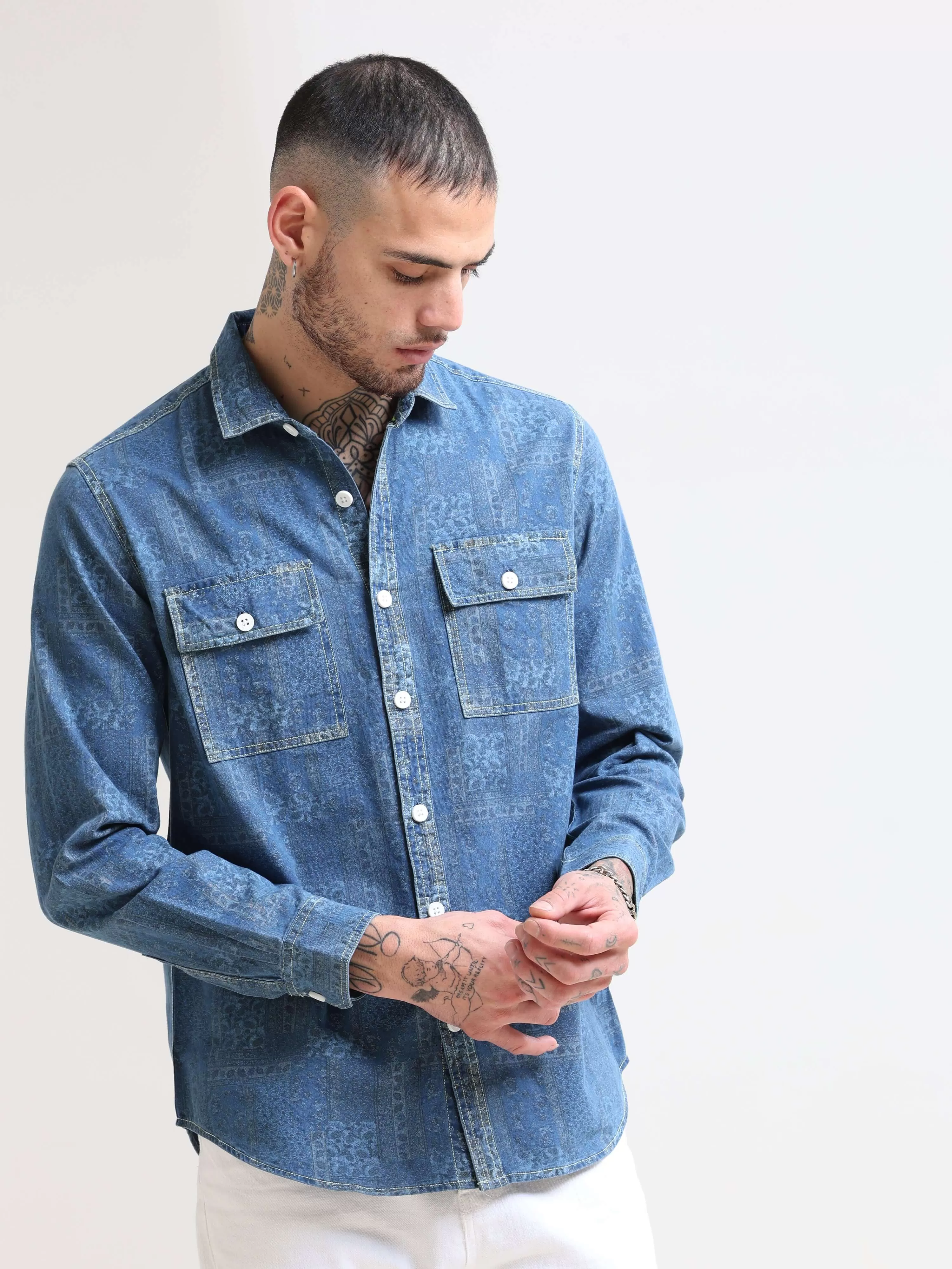 Floral Denim Double Pocket Shirt