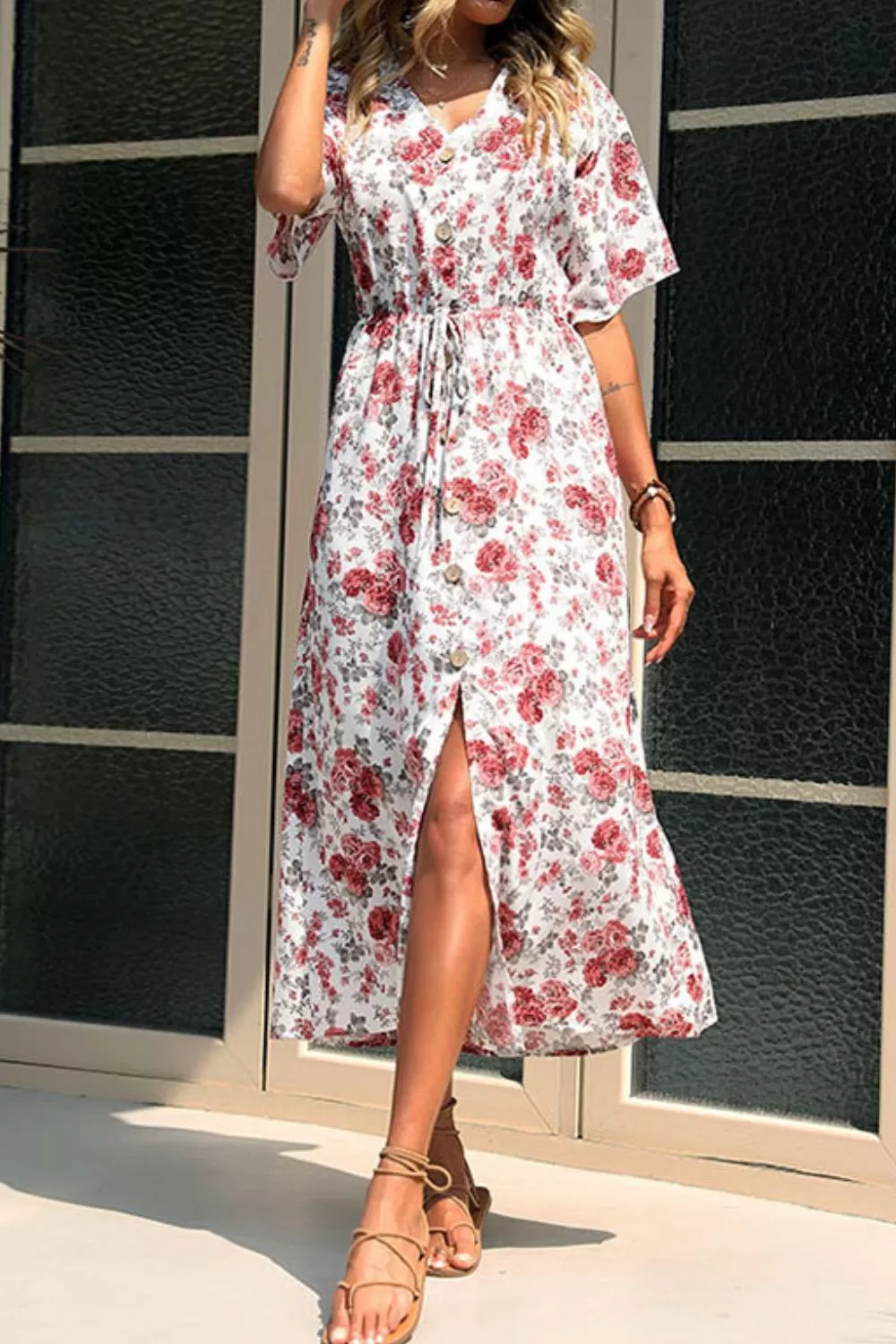 Floral Front Slit Drawstring Waist Midi Dress