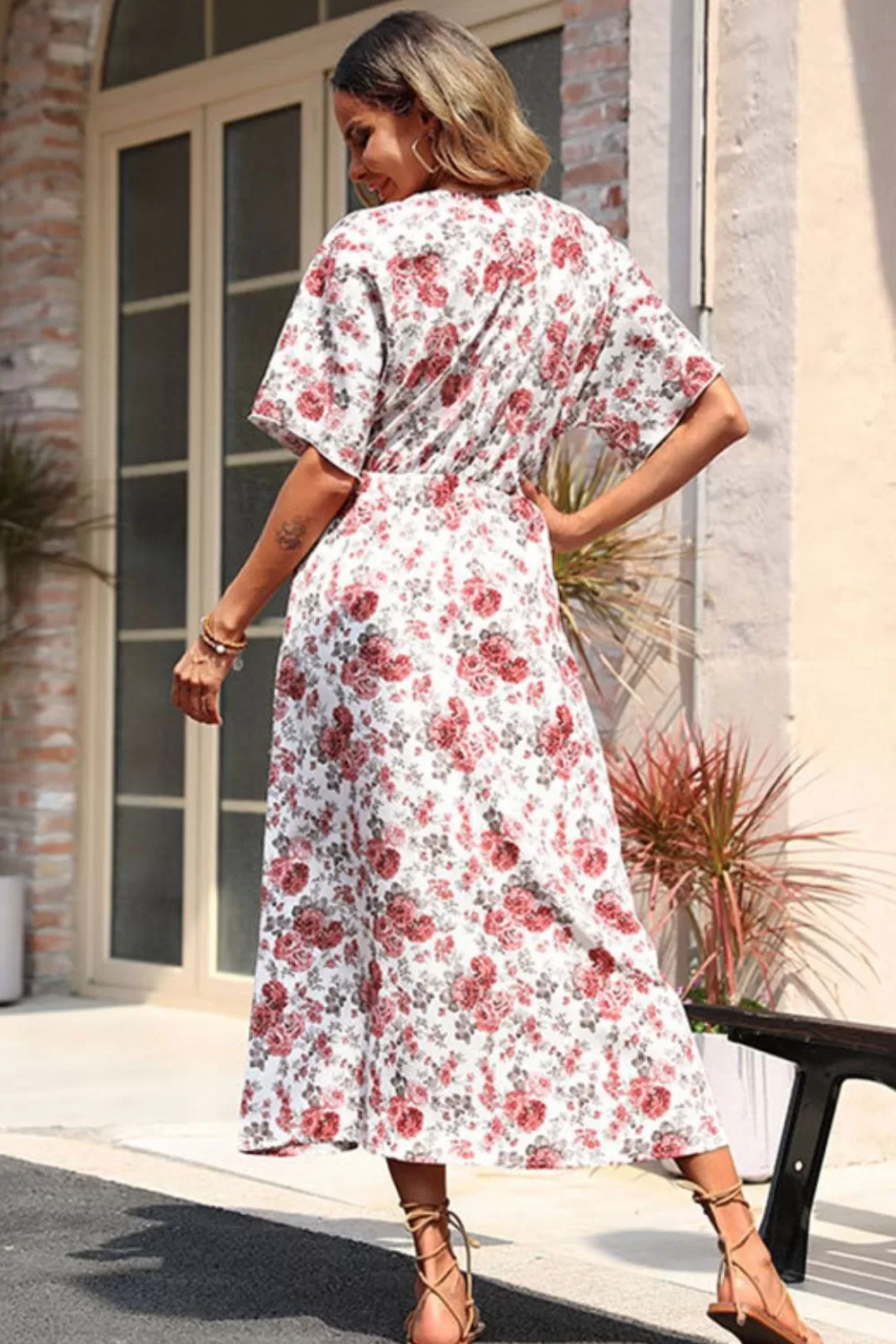 Floral Front Slit Drawstring Waist Midi Dress