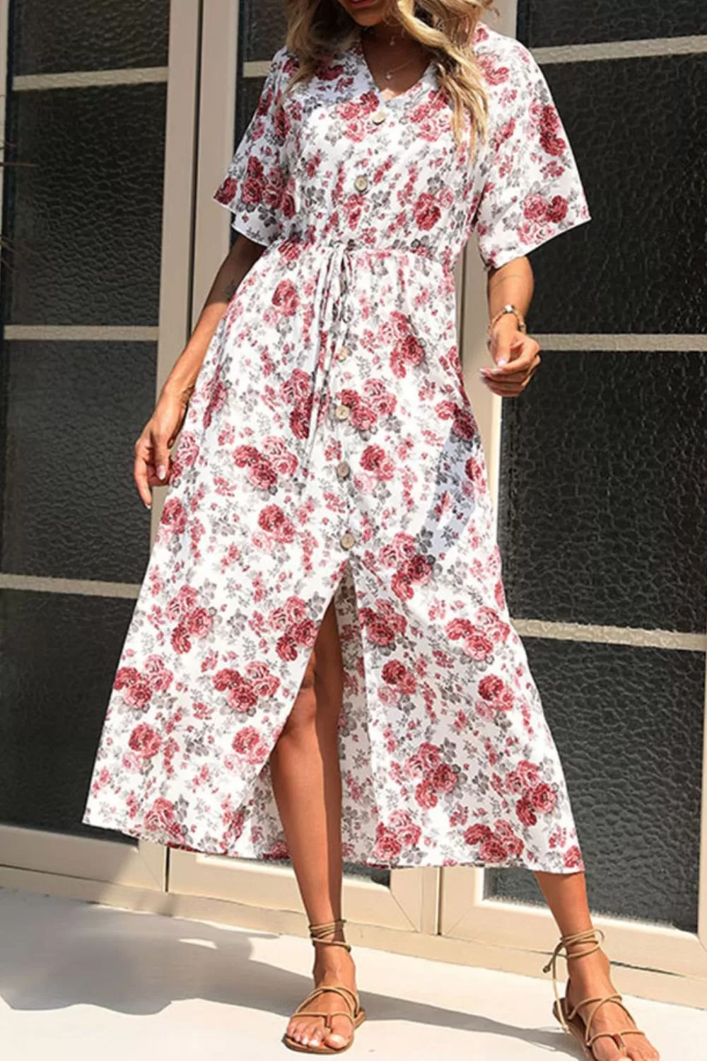 Floral Front Slit Drawstring Waist Midi Dress