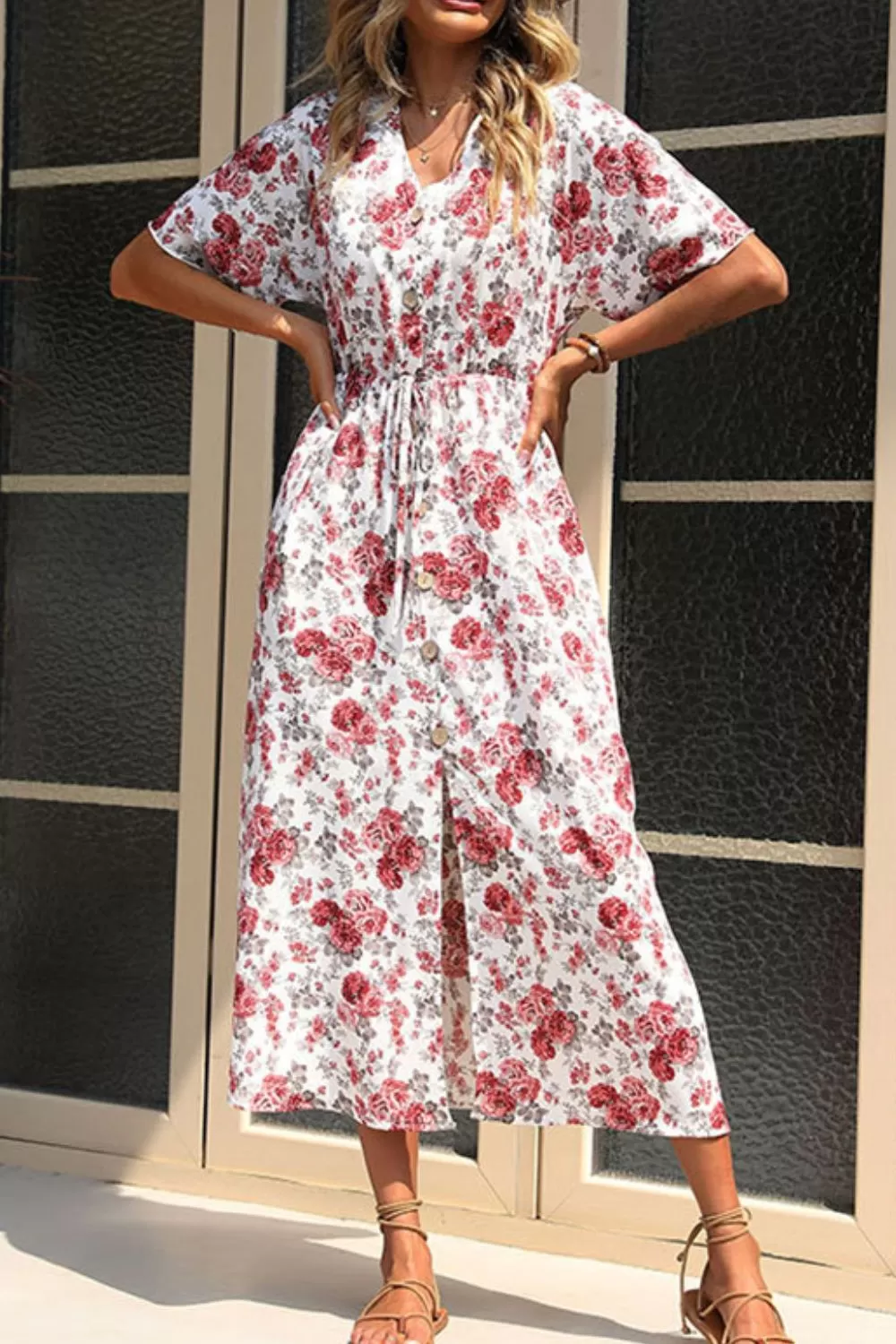 Floral Front Slit Drawstring Waist Midi Dress