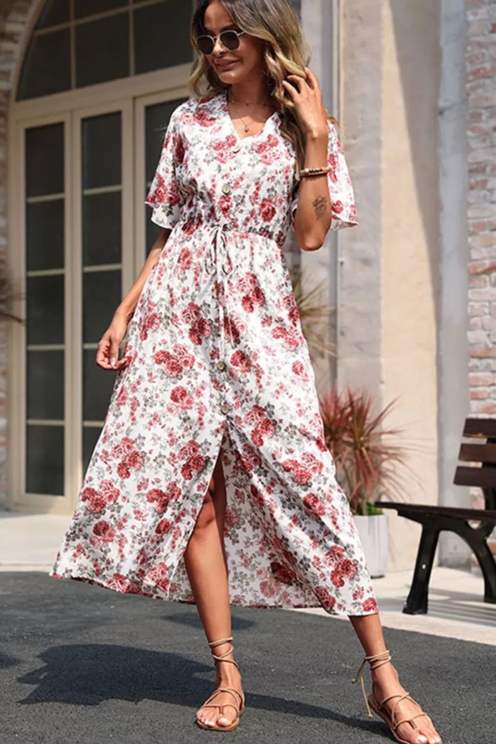 Floral Front Slit Drawstring Waist Midi Dress