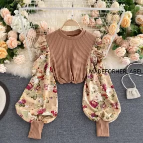 Floral Lantern Sleeve Knitted Top