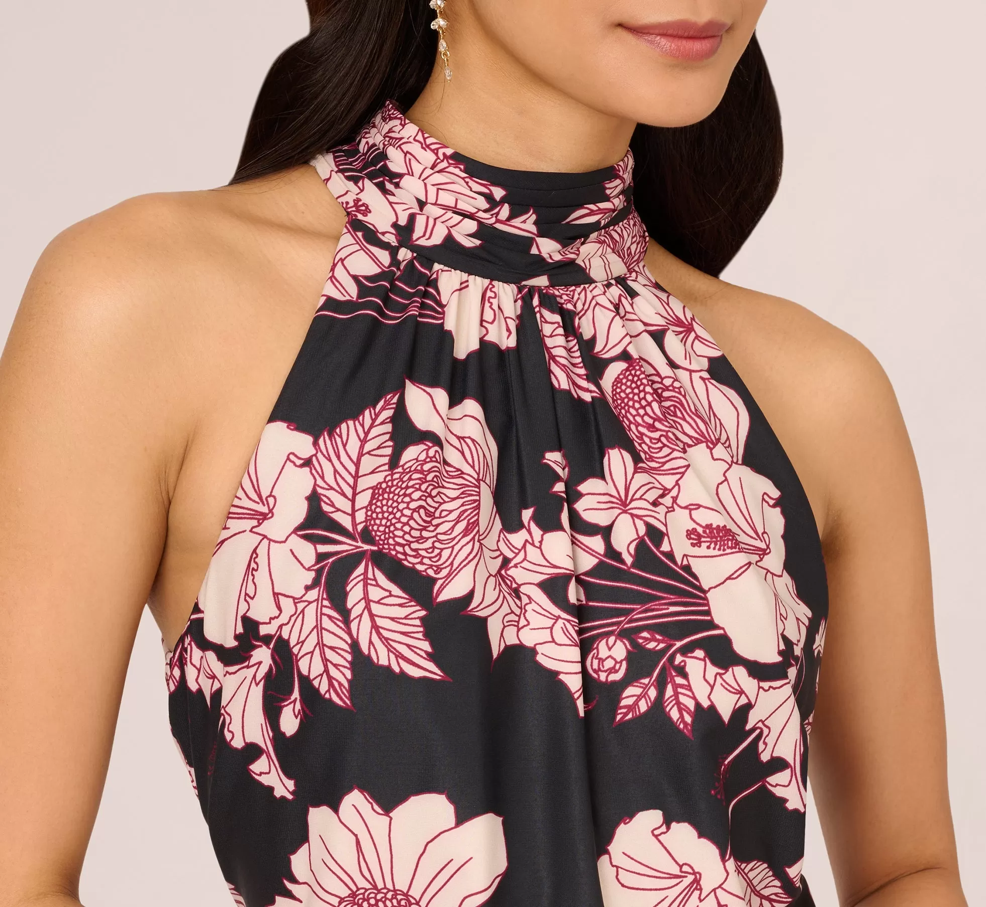 Floral Print Halter Midi Dress With Mock Neckline In Black Multi