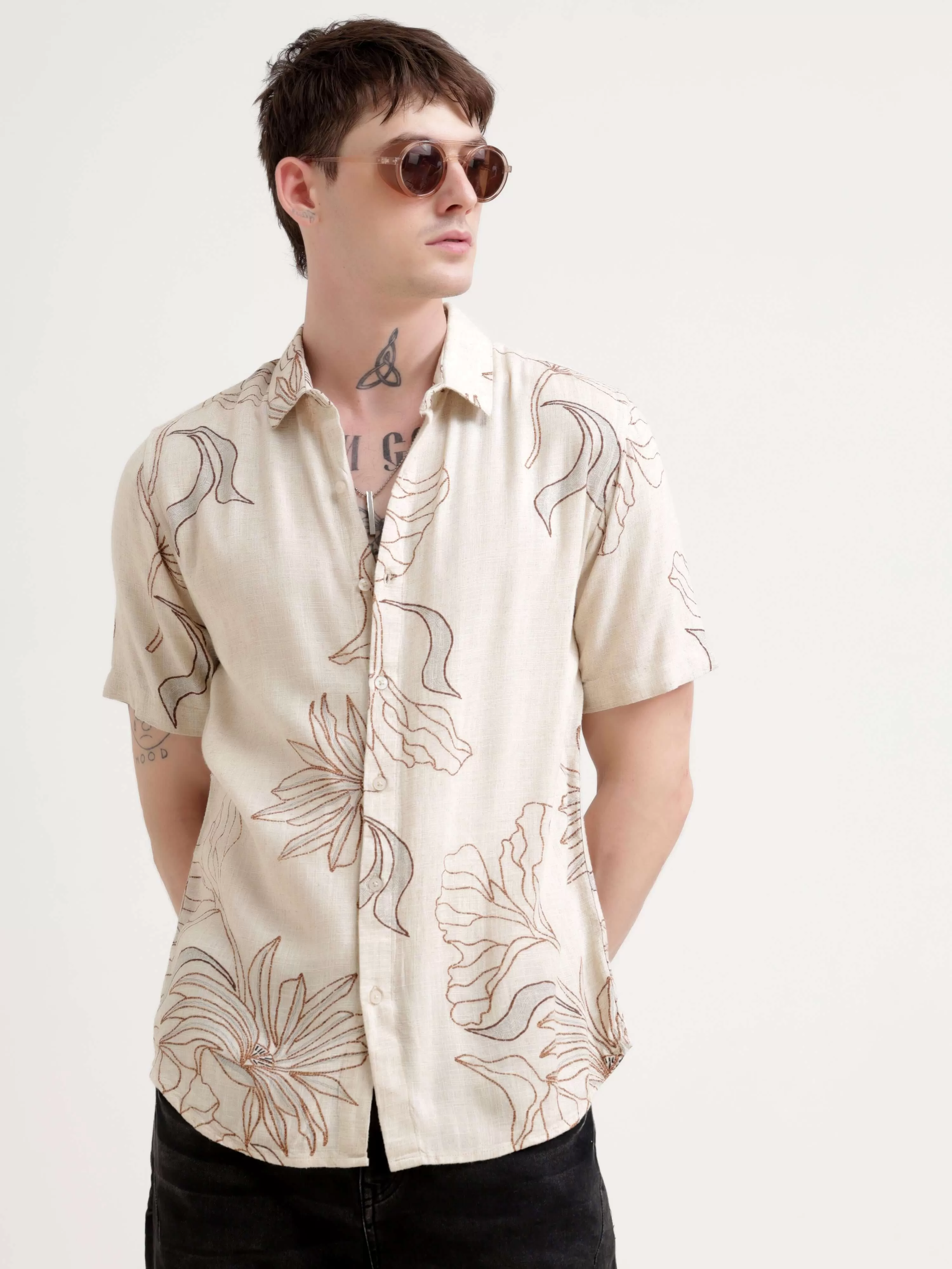 Floral printed beige half sleeve shirt