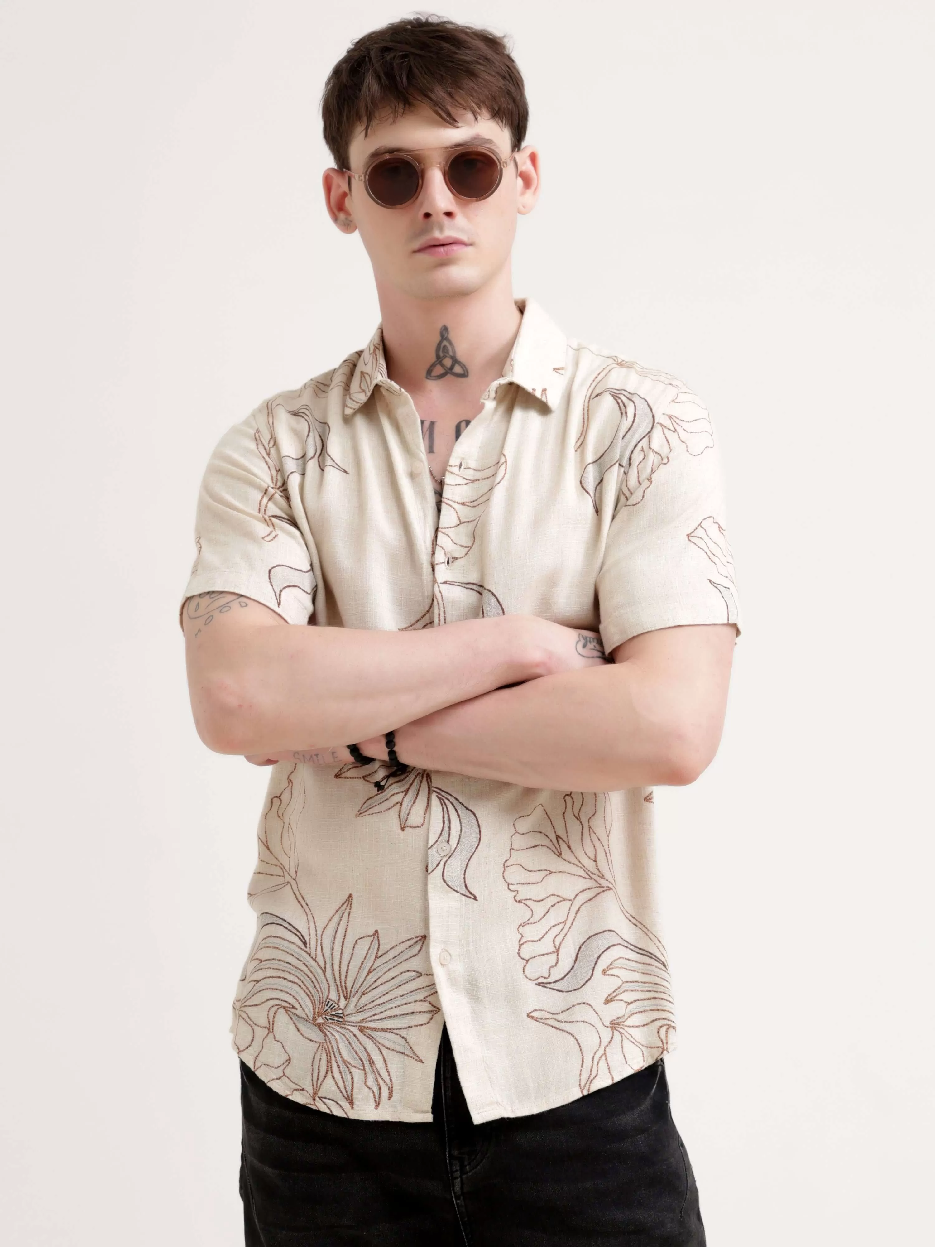 Floral printed beige half sleeve shirt