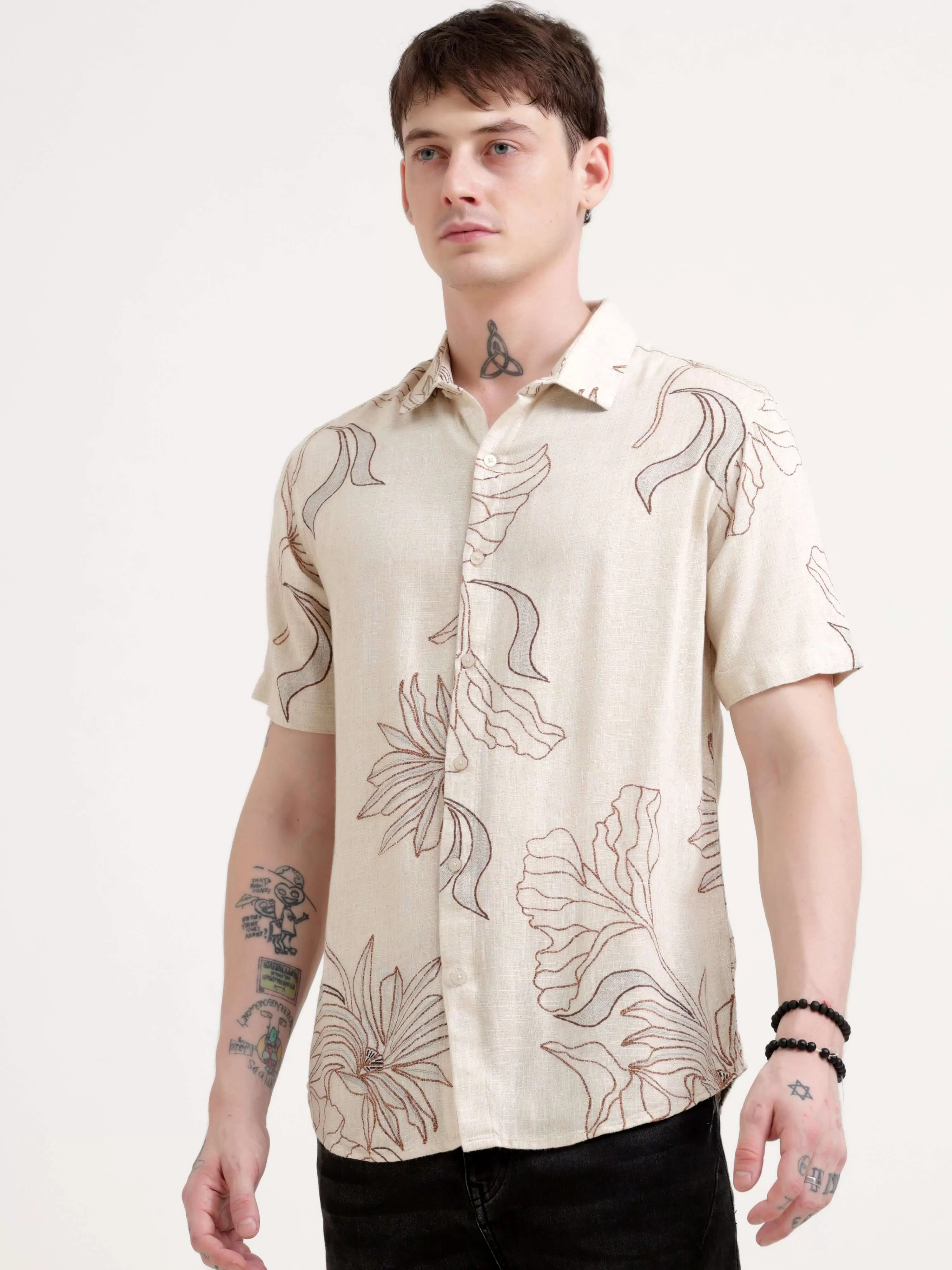 Floral printed beige half sleeve shirt