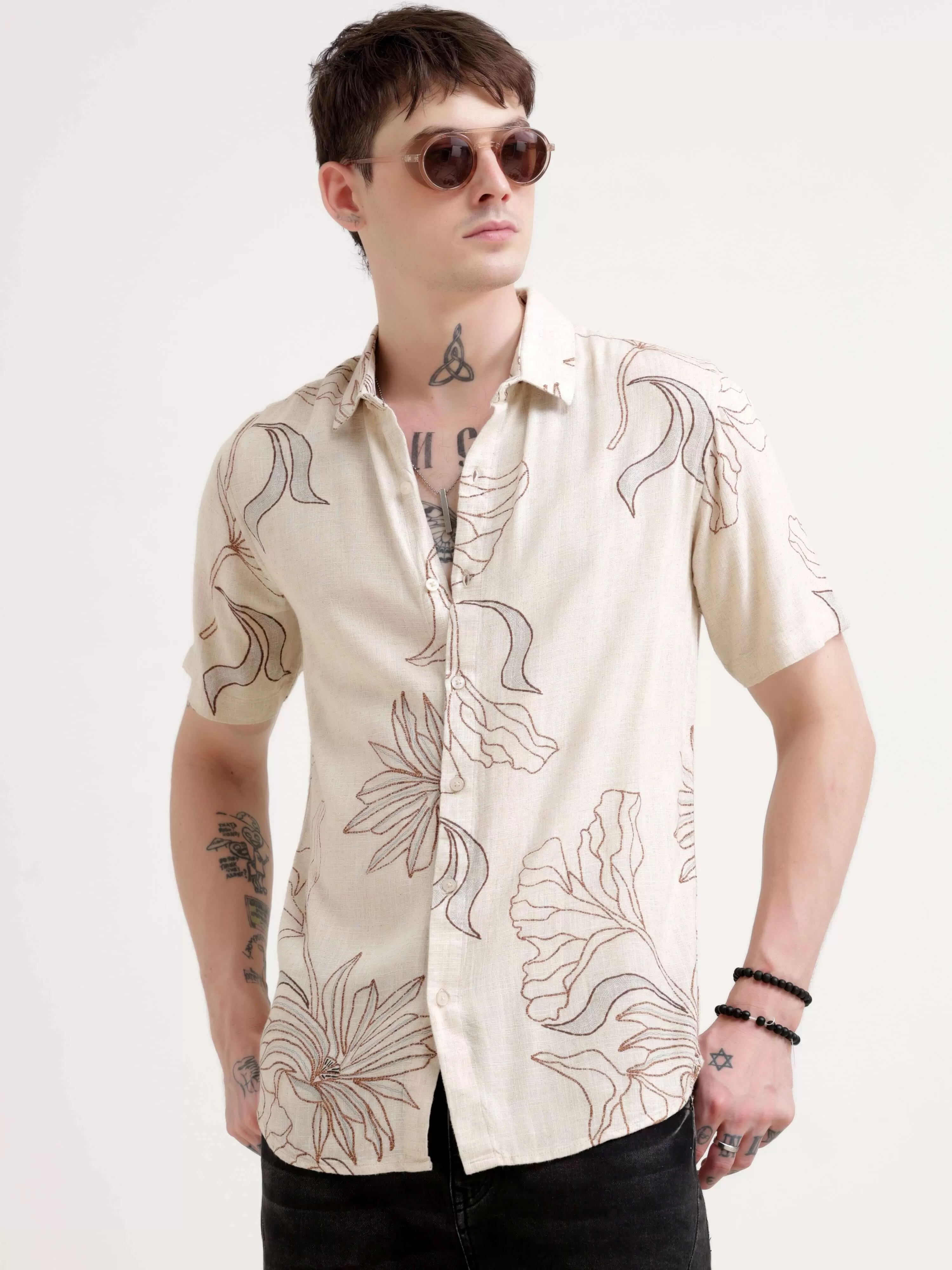 Floral printed beige half sleeve shirt