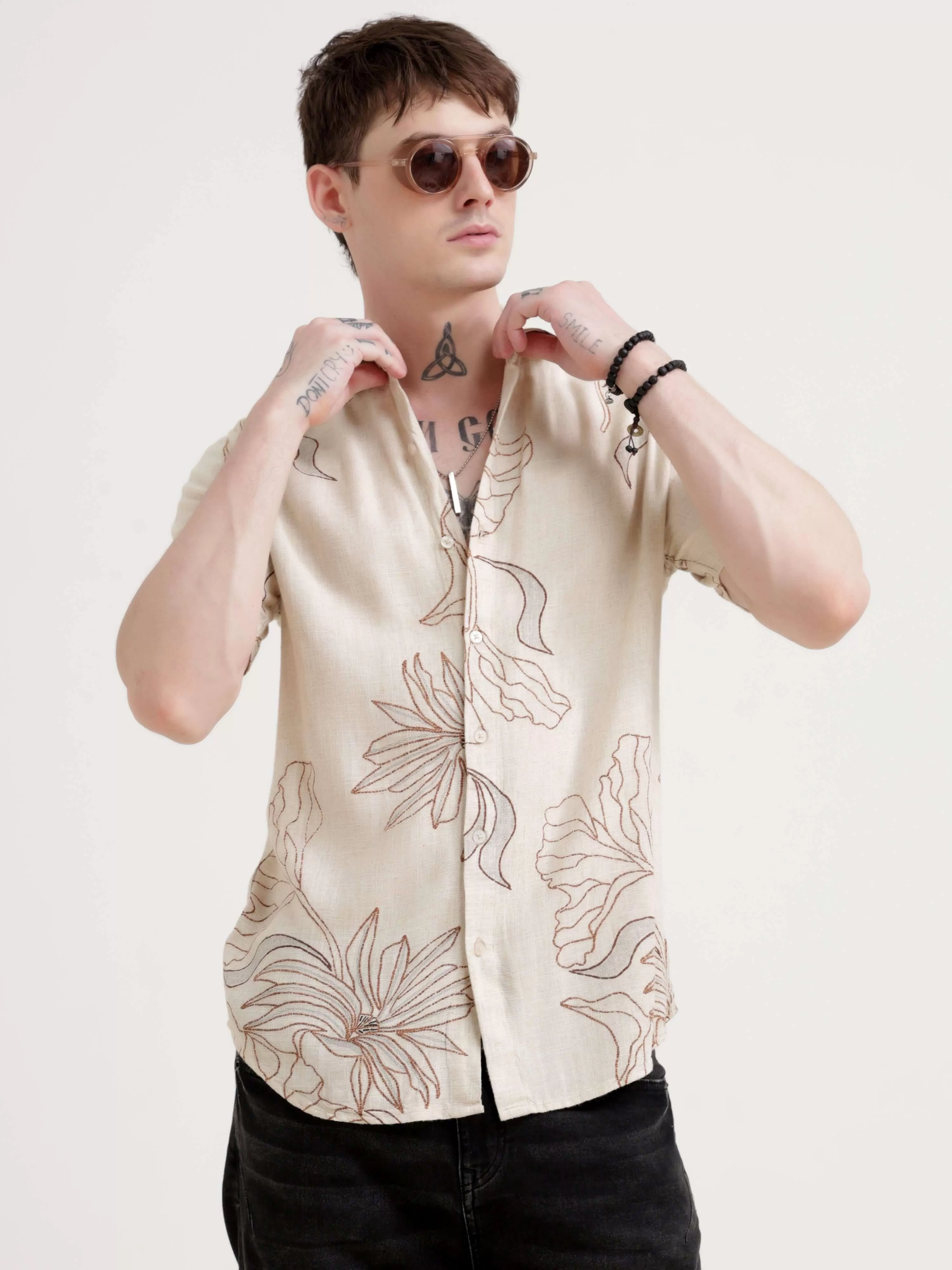 Floral printed beige half sleeve shirt